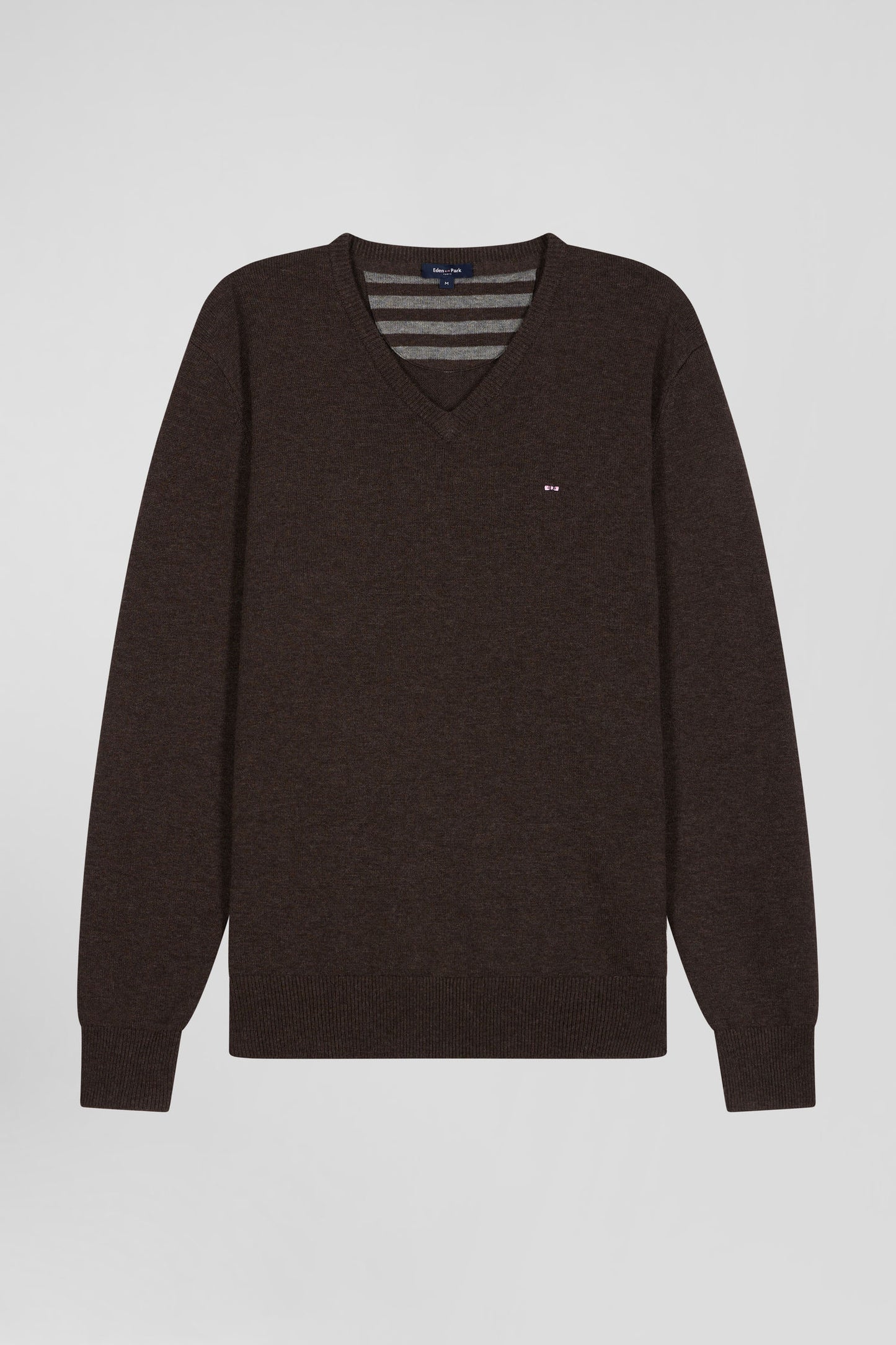 Regular brown wool and cotton V-neck jumper with striped details