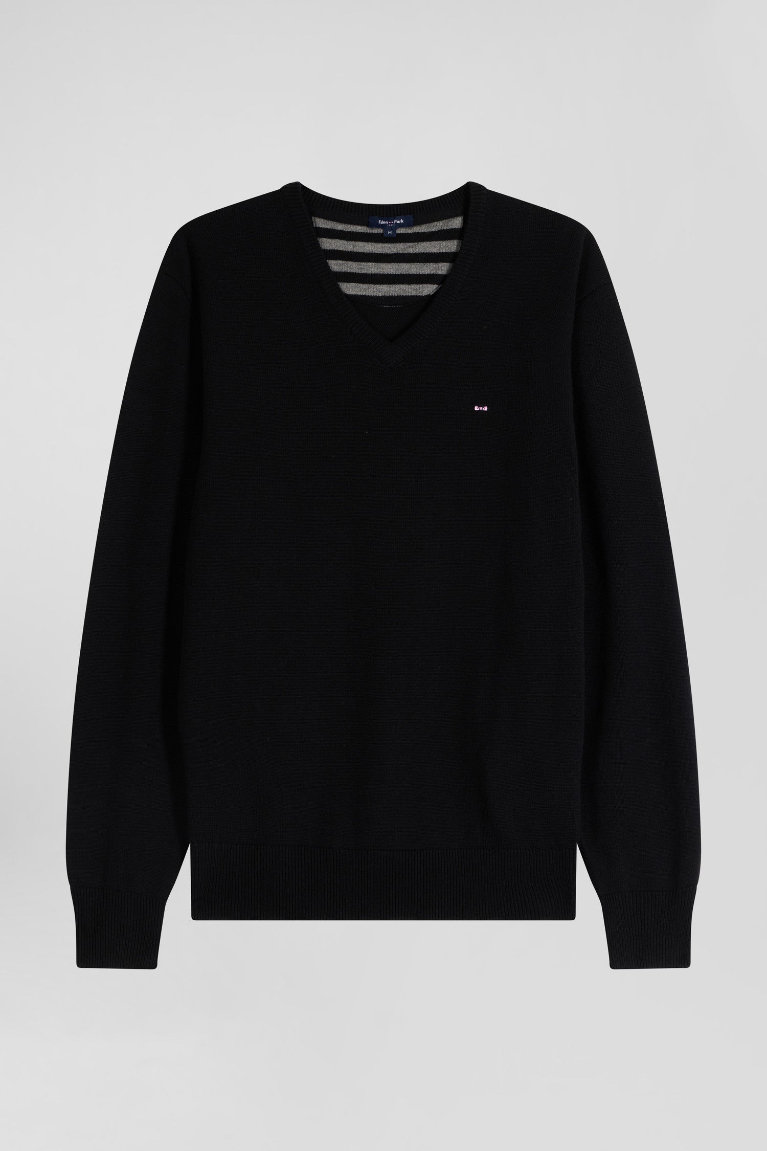 Regular black wool and cotton V-neck jumper with striped details