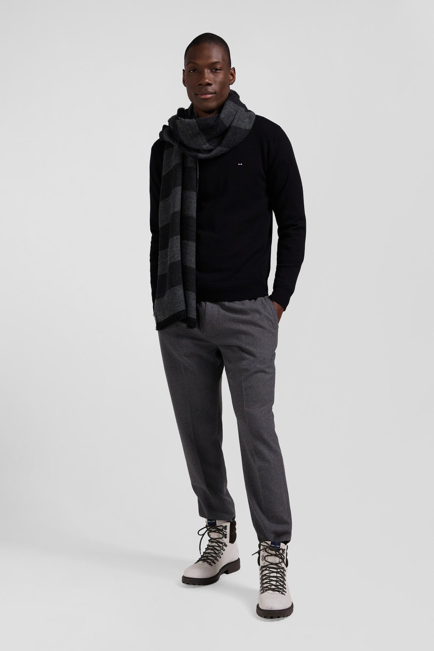 Regular black wool and cotton V-neck jumper with striped details