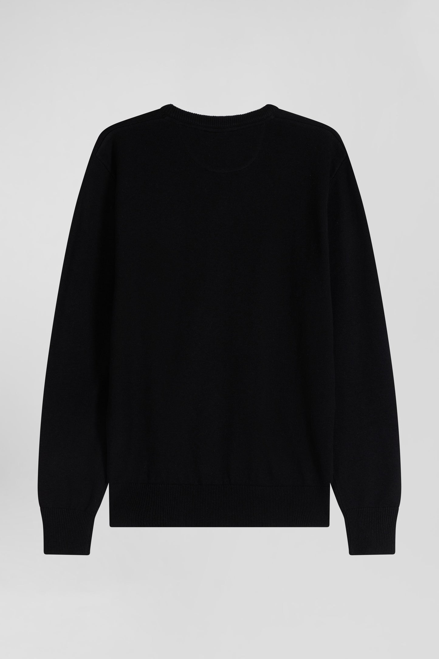 Regular black wool and cotton V-neck jumper with striped details