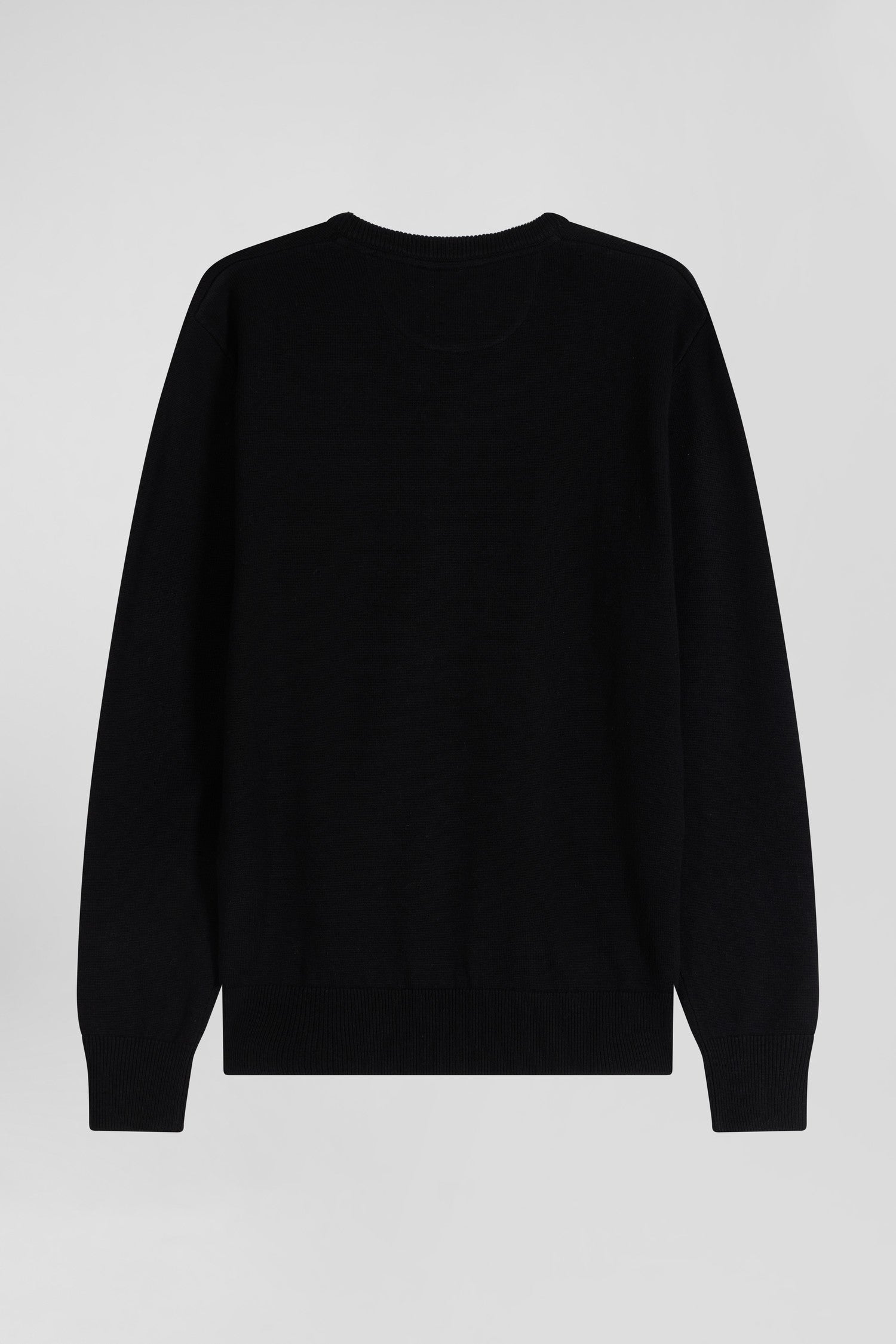 Regular black wool and cotton V-neck jumper with striped details