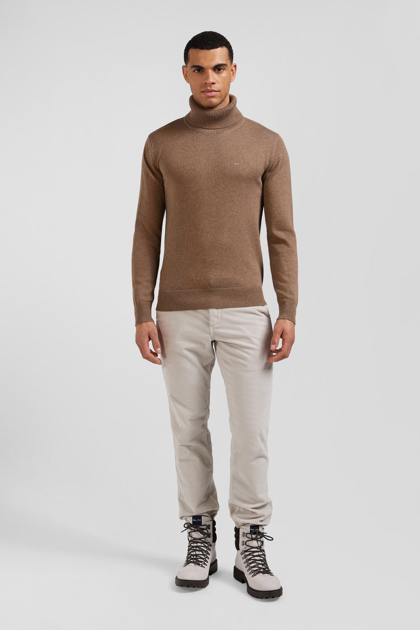 Regular camel wool and cotton turtleneck jumper