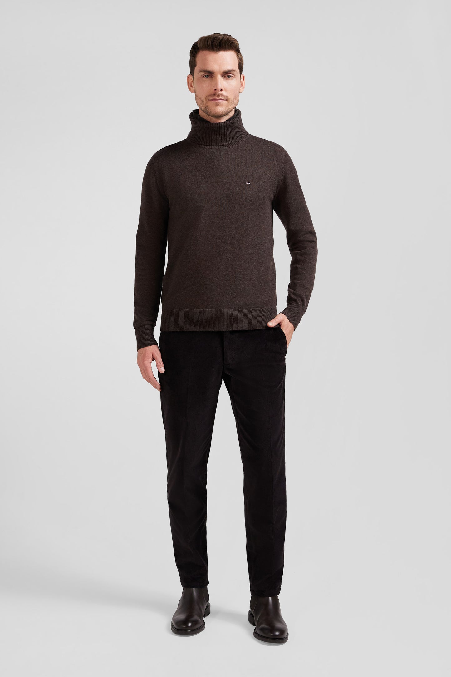 Regular brown wool and cotton turtleneck jumper