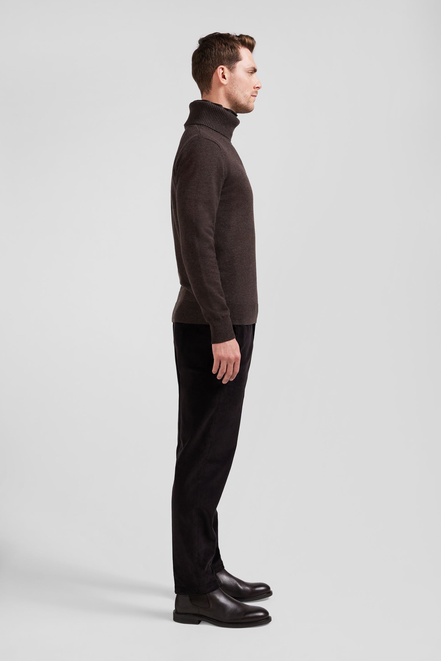 Regular brown wool and cotton turtleneck jumper