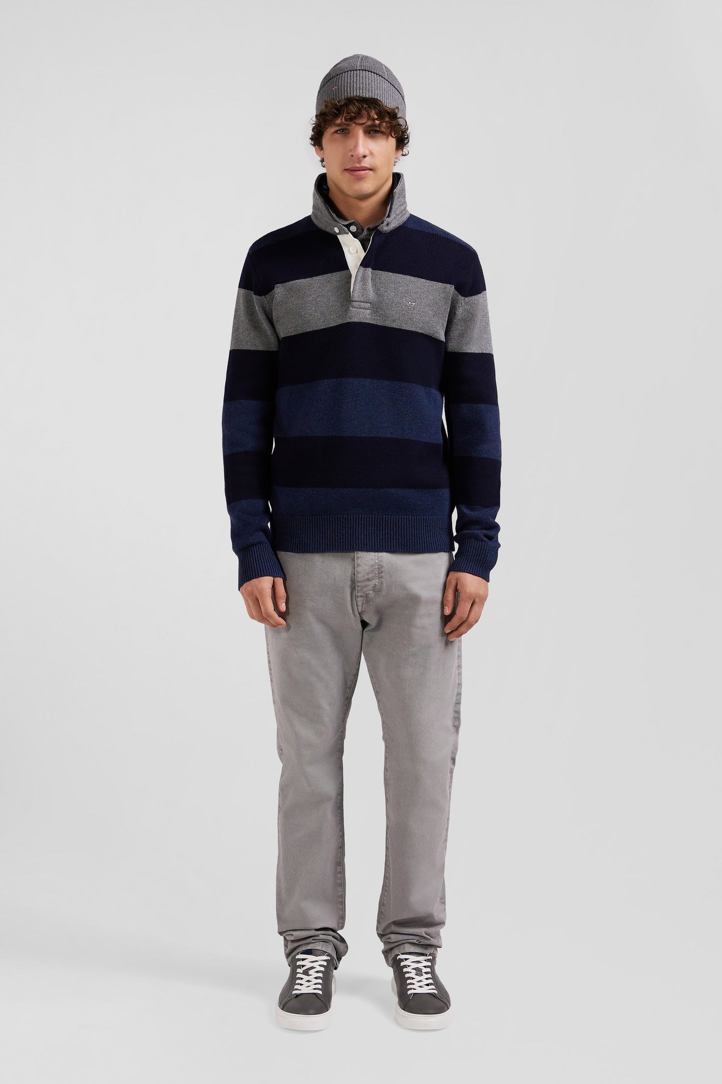 Regular navy blue striped wool and cotton jumper with rugby shirt collar