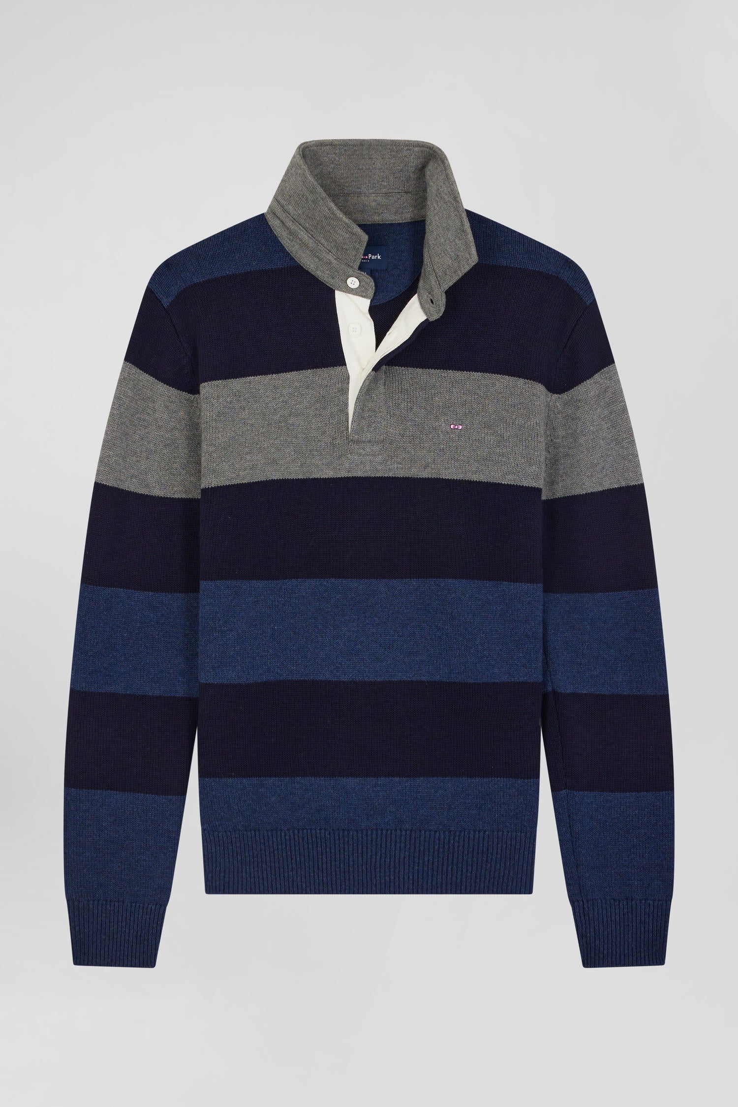 Regular navy blue striped wool and cotton jumper with rugby shirt collar