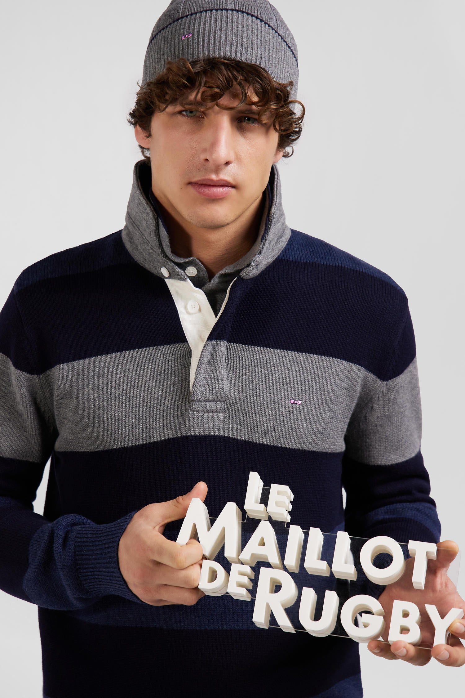 Regular navy blue striped wool and cotton jumper with rugby shirt collar