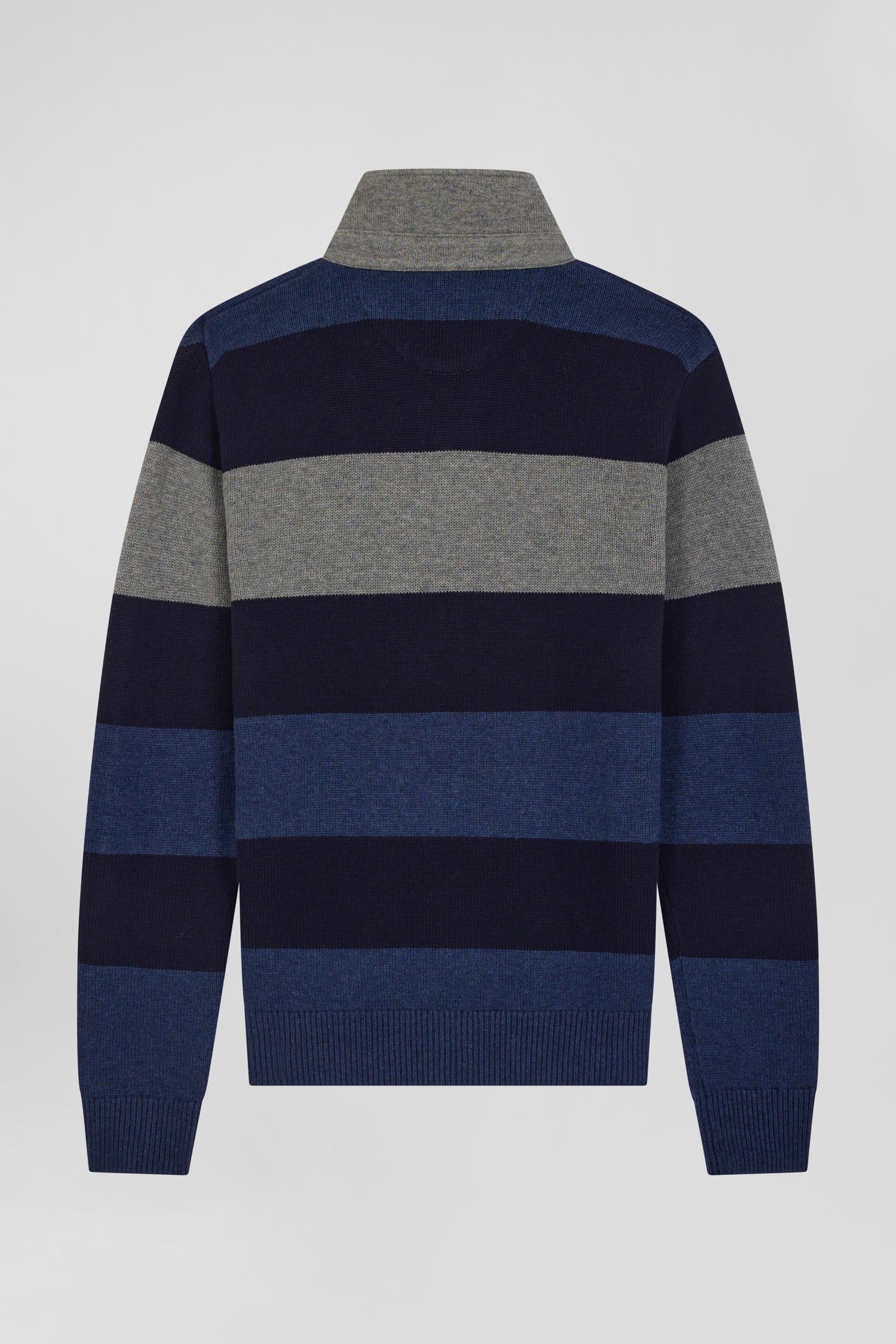 Regular navy blue striped wool and cotton jumper with rugby shirt collar