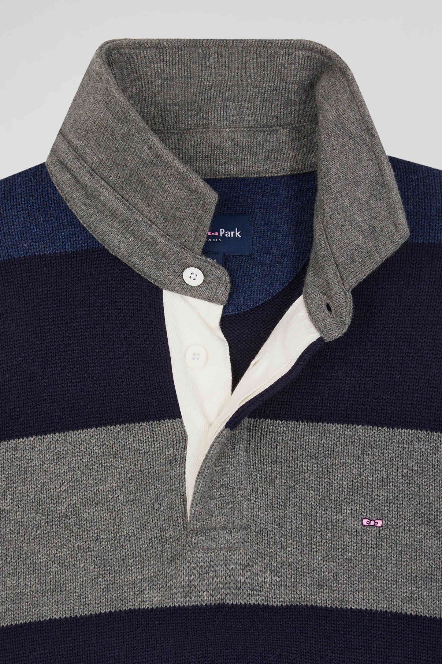 Regular navy blue striped wool and cotton jumper with rugby shirt collar