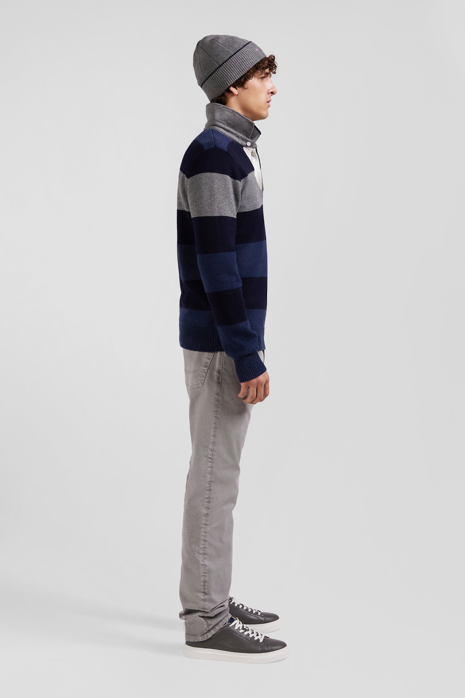 Regular navy blue striped wool and cotton jumper with rugby shirt collar