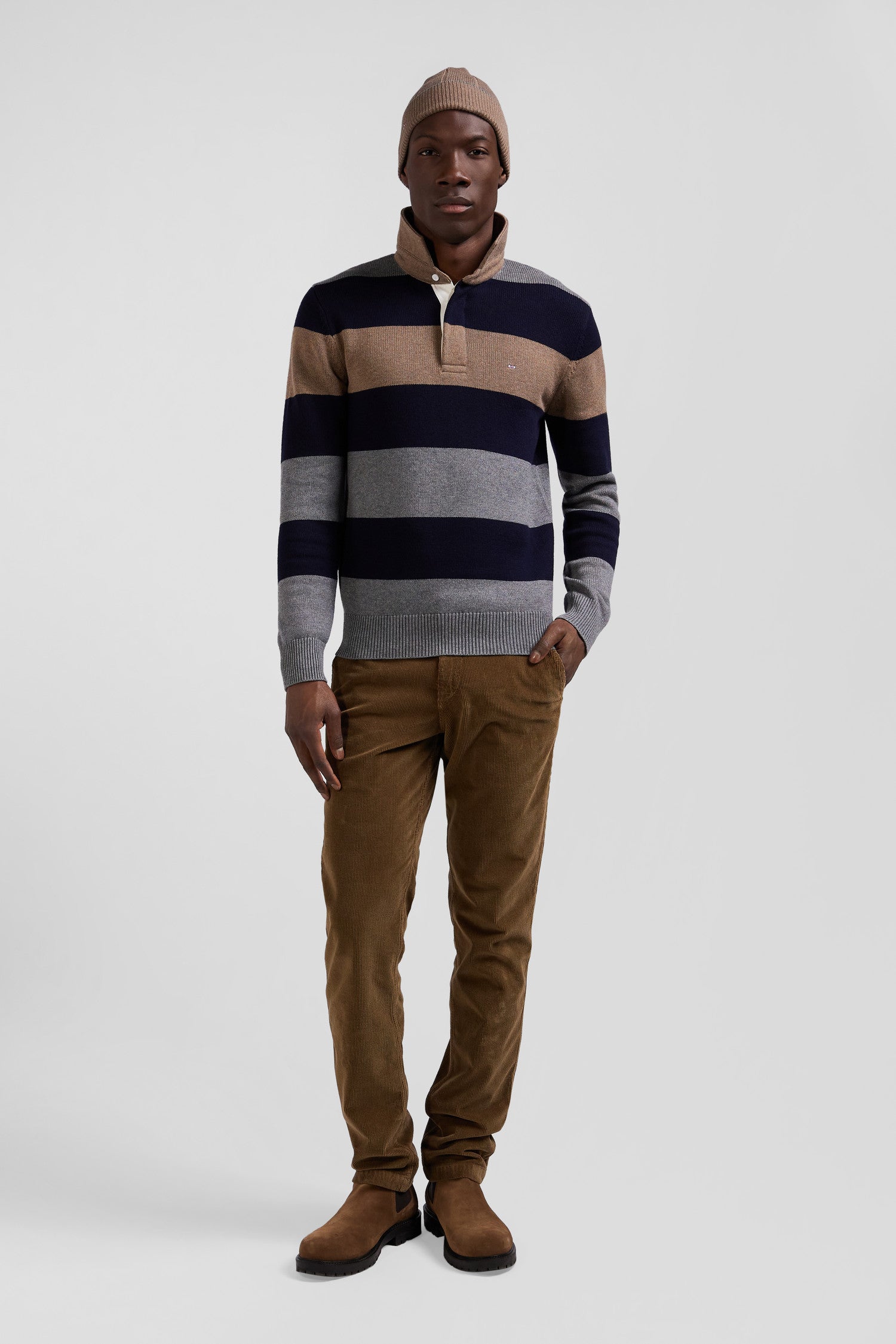 Regular grey striped wool and cotton jumper with rugby shirt collar