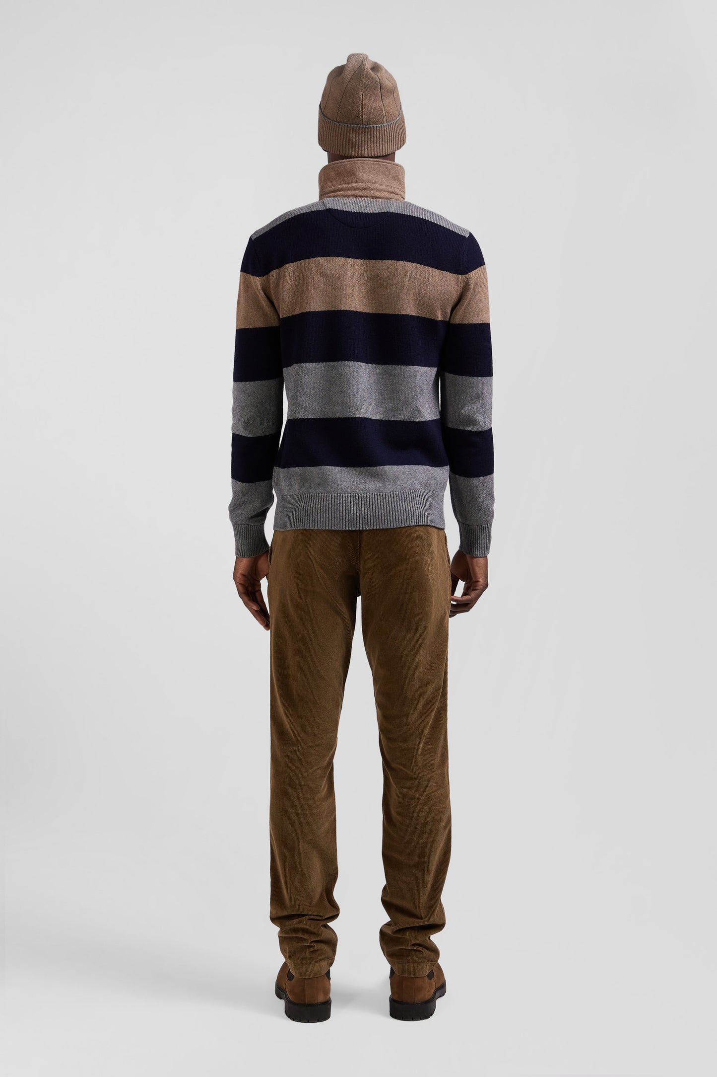 Regular grey striped wool and cotton jumper with rugby shirt collar