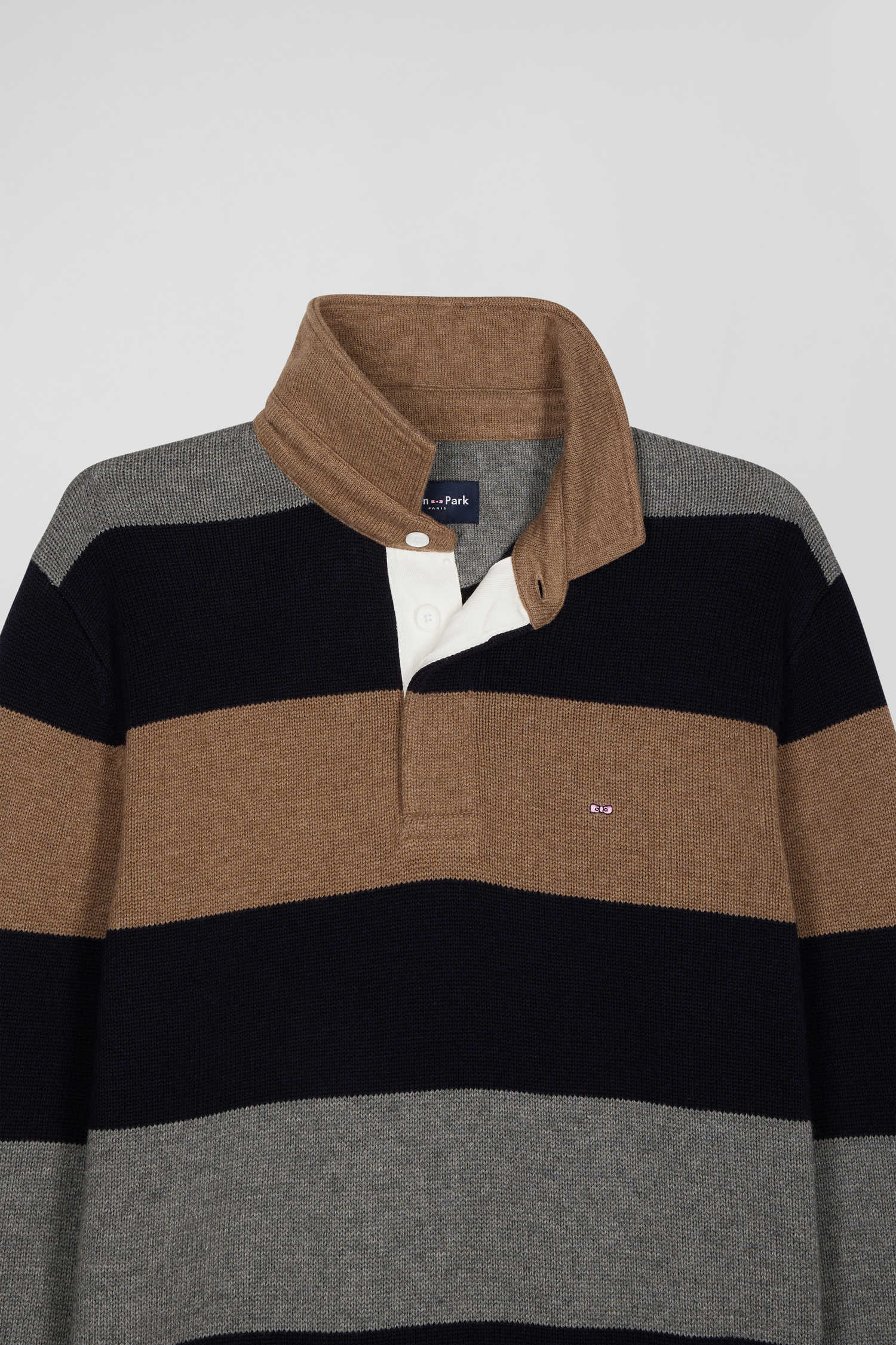 Regular grey striped wool and cotton jumper with rugby shirt collar