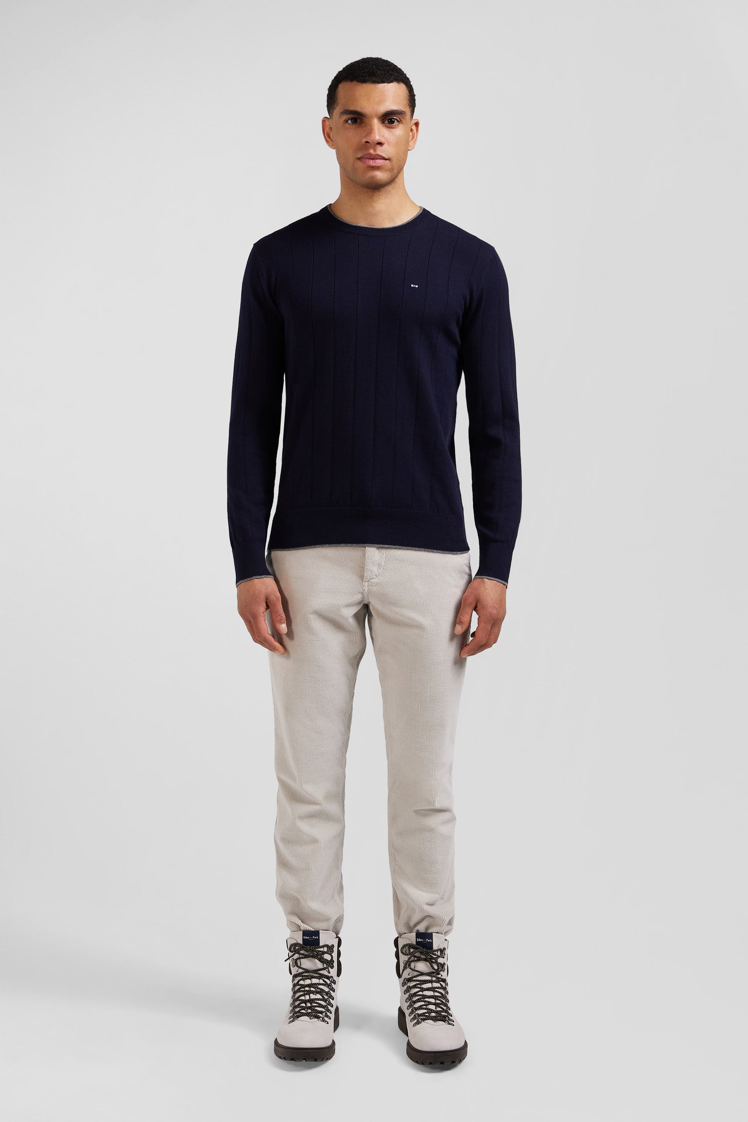 Regular navy blue cotton and cashmere crew neck jumper