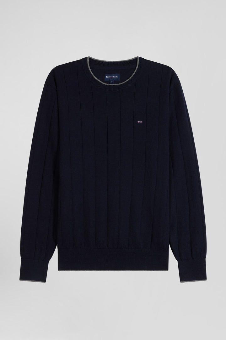 Pull col rond en coton et cachemire bleu marine coupe Regular