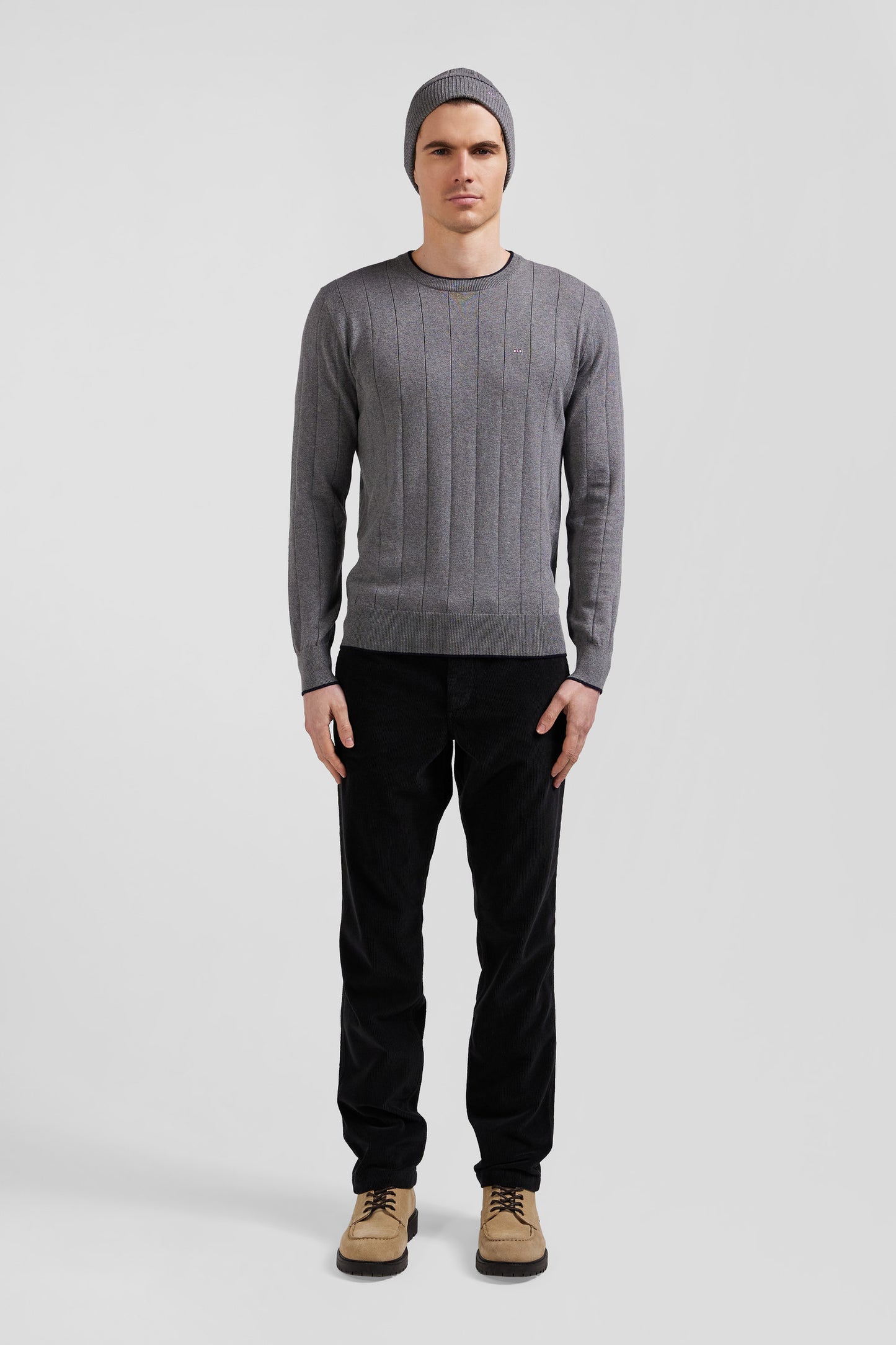 Regular grey cotton and cashmere crew neck jumper