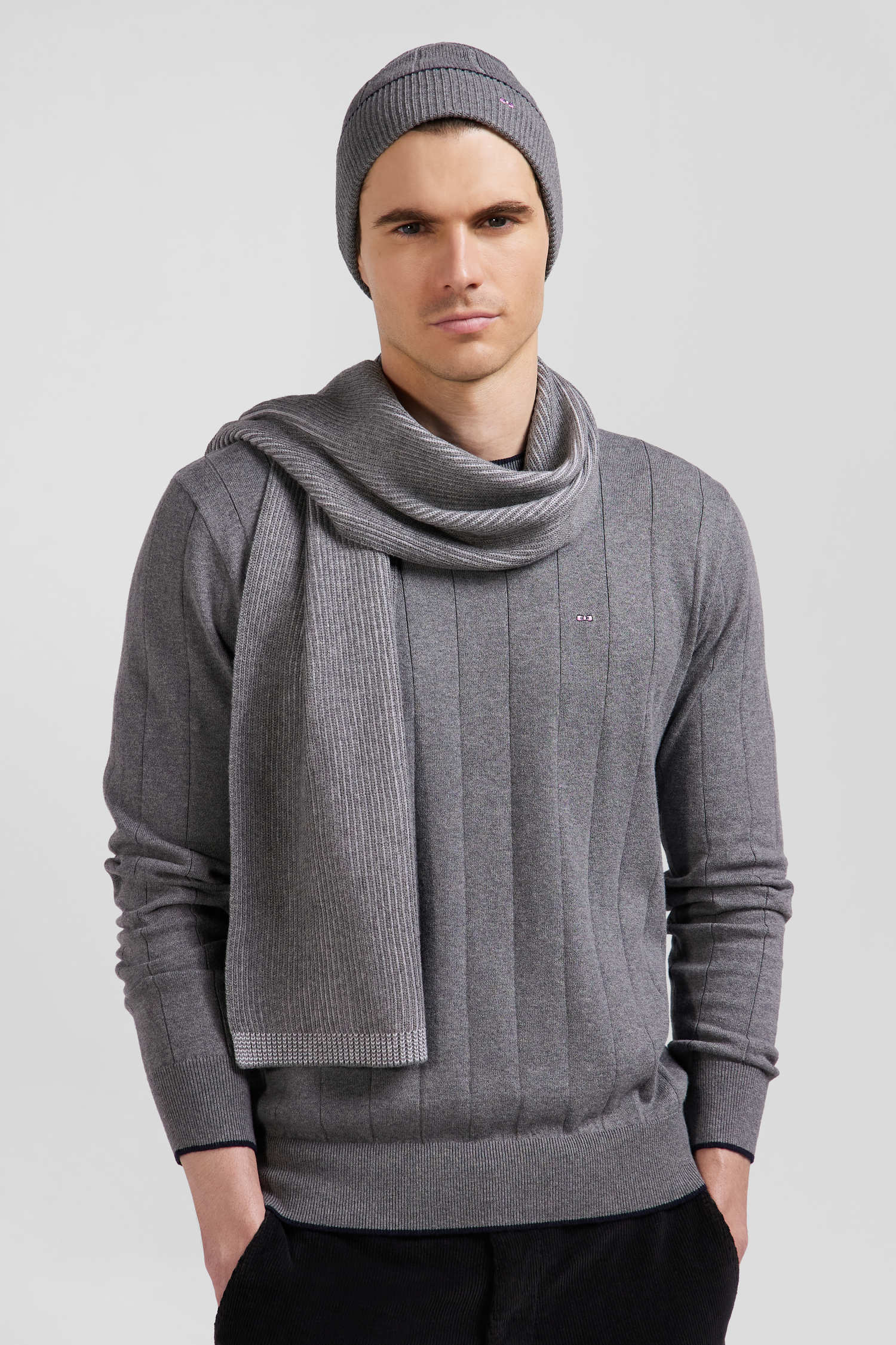 Regular grey cotton and cashmere crew neck jumper