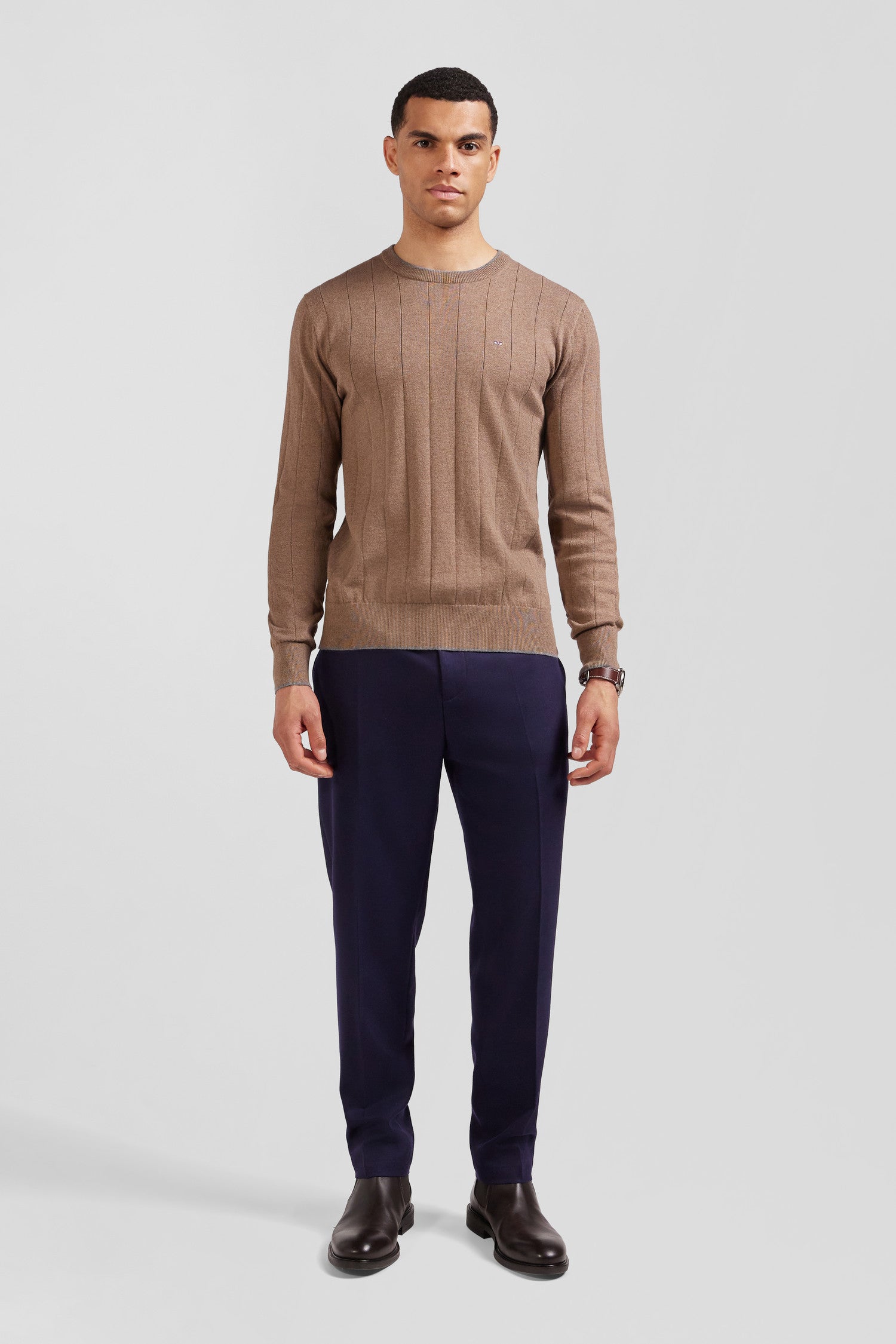 Regular brown cotton and cashmere crew neck jumper