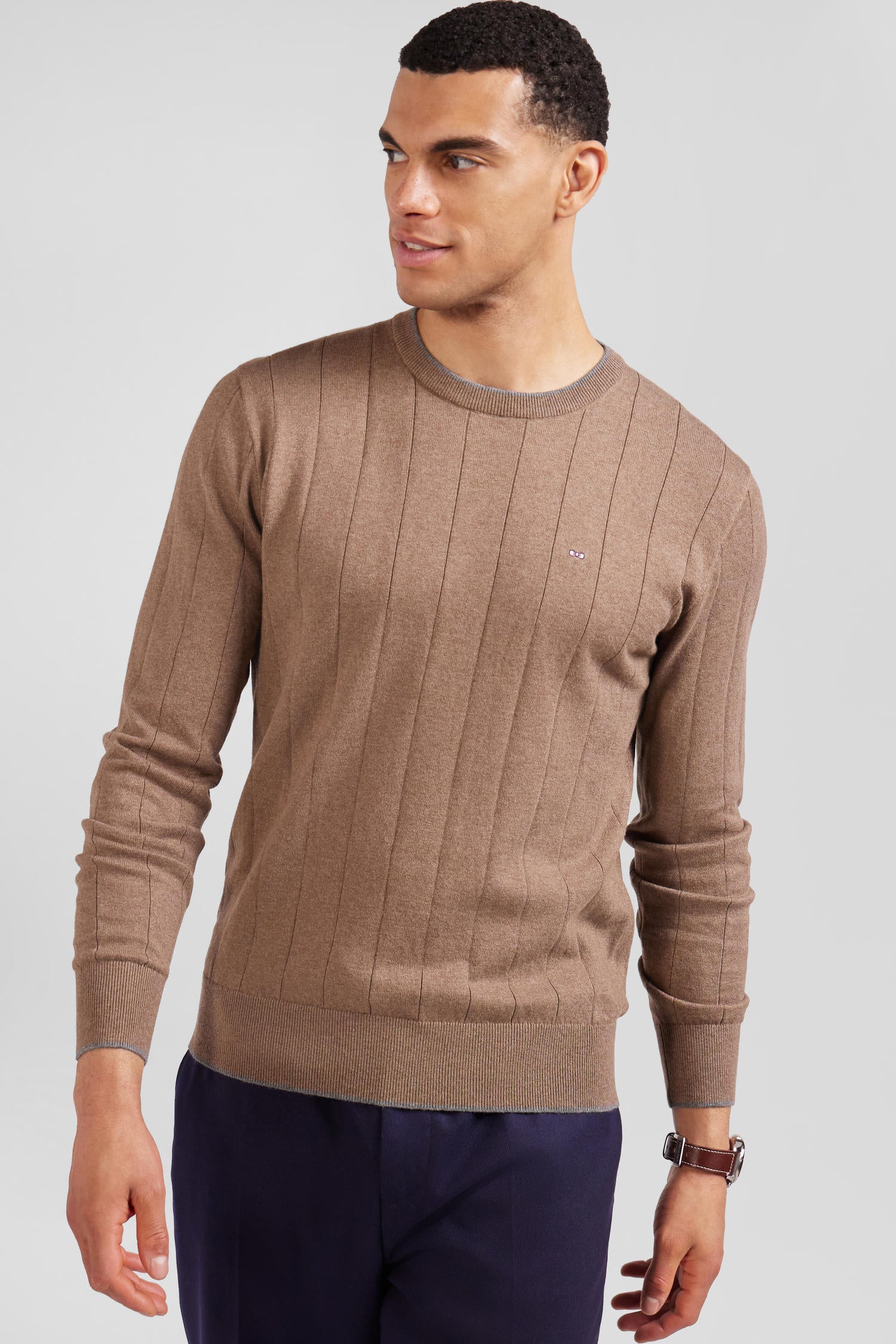 Regular brown cotton and cashmere crew neck jumper