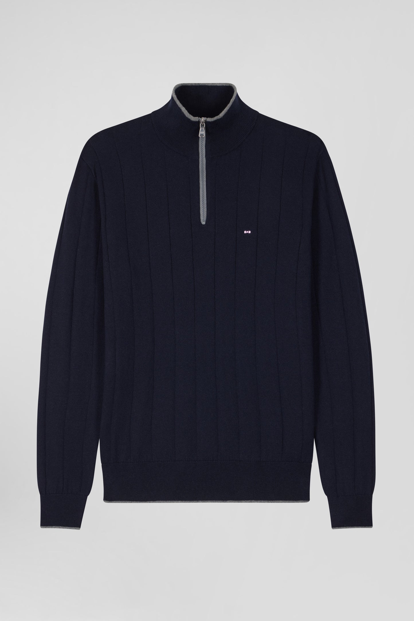 Regular navy blue semi-zipped cotton and cashmere jumper