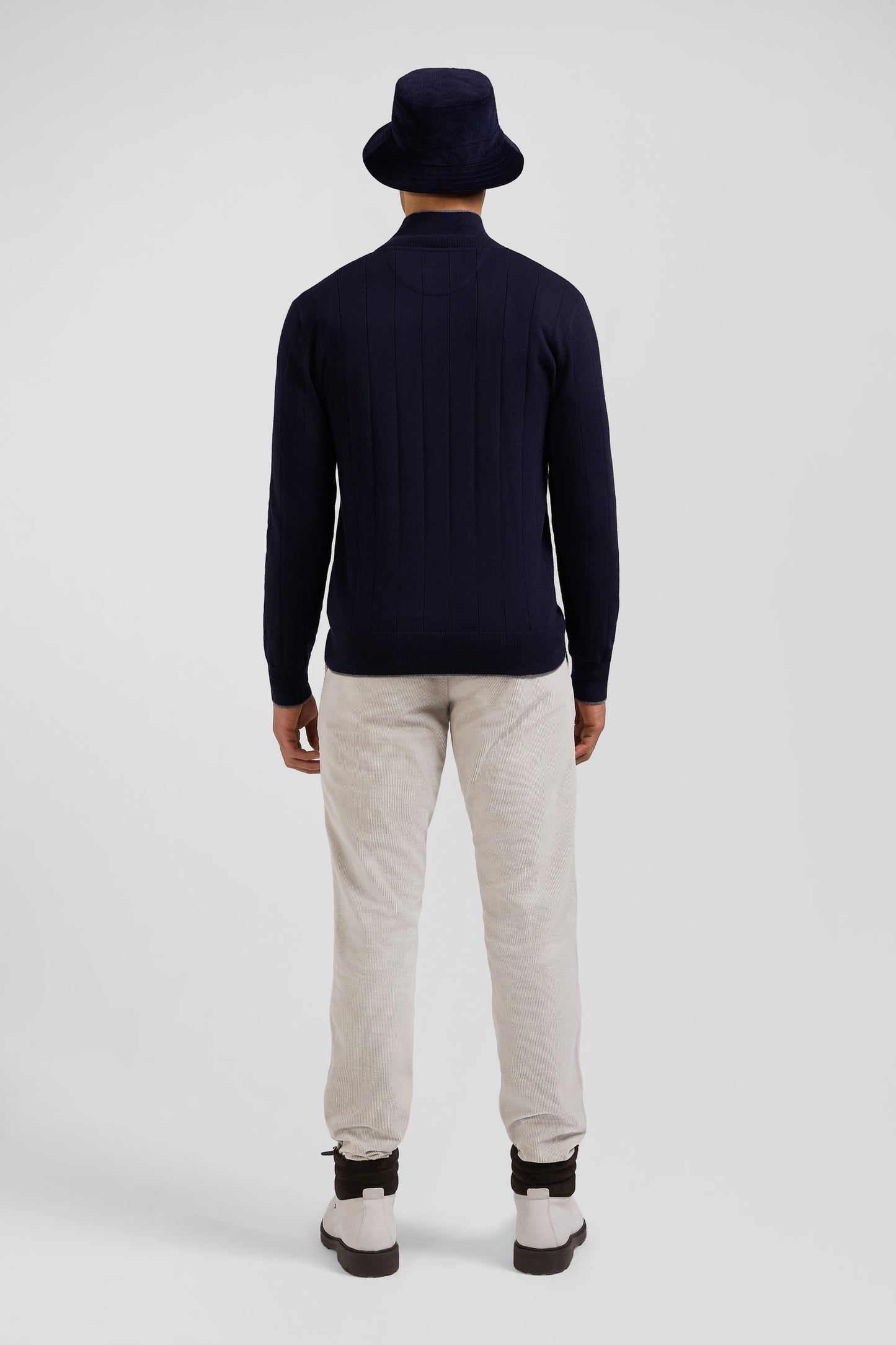 Regular navy blue semi-zipped cotton and cashmere jumper