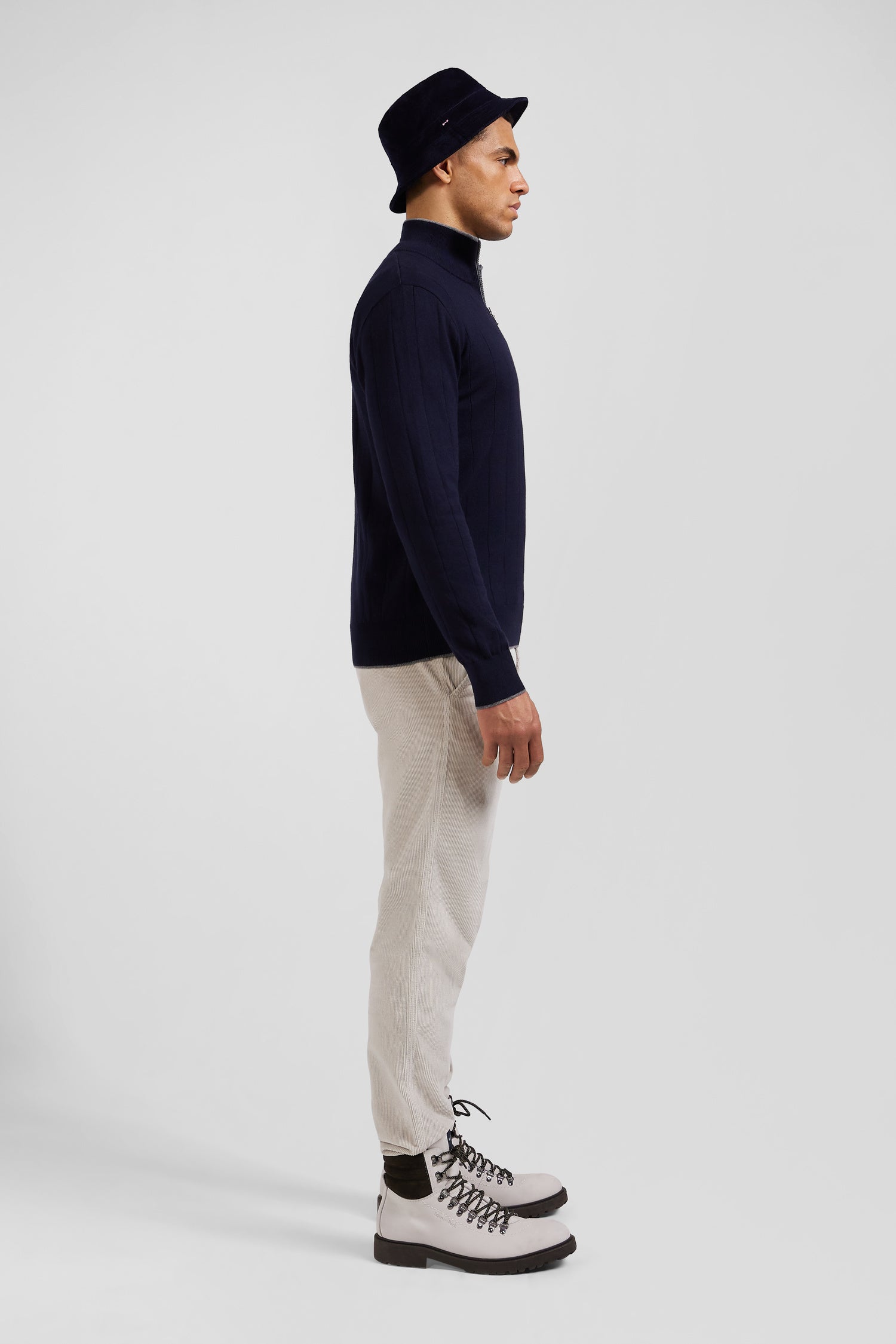 Regular navy blue semi-zipped cotton and cashmere jumper