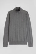 Regular grey semi-zipped cotton and cashmere jumper