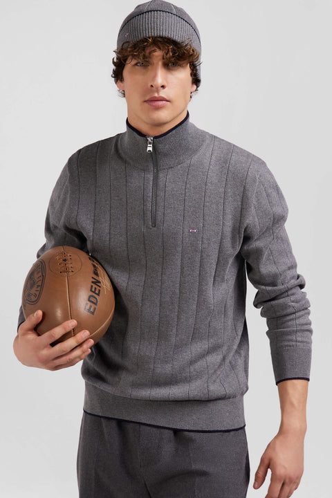Regular grey semi-zipped cotton and cashmere jumper - Image 3
