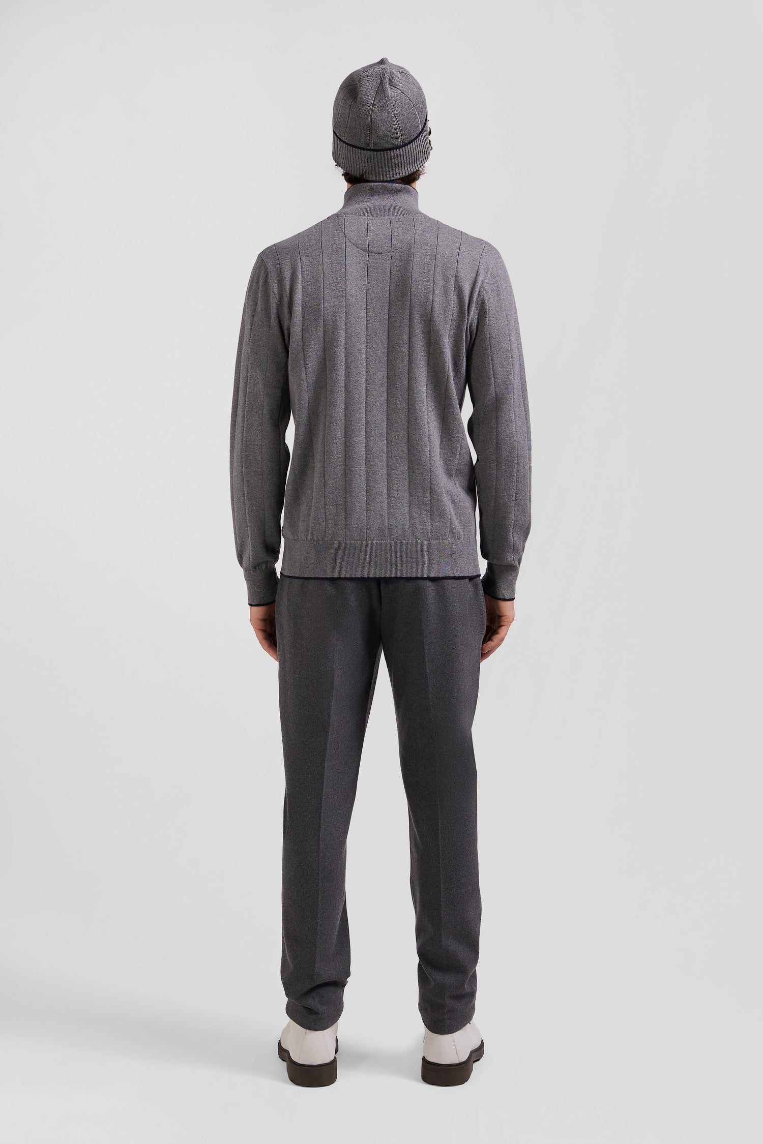 Regular grey semi-zipped cotton and cashmere jumper