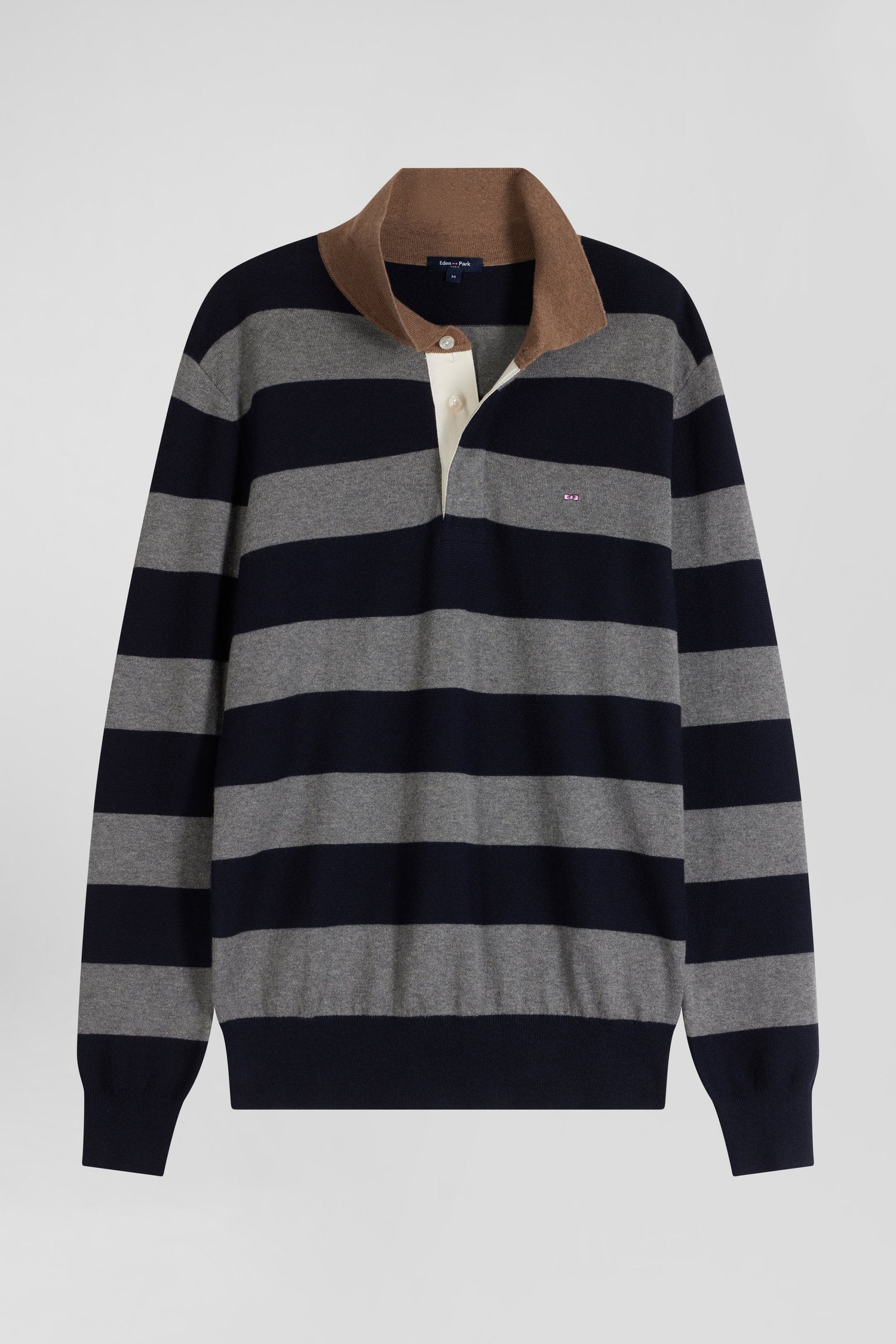 Regular navy blue striped cotton and cashmere jumper with rugby shirt collar