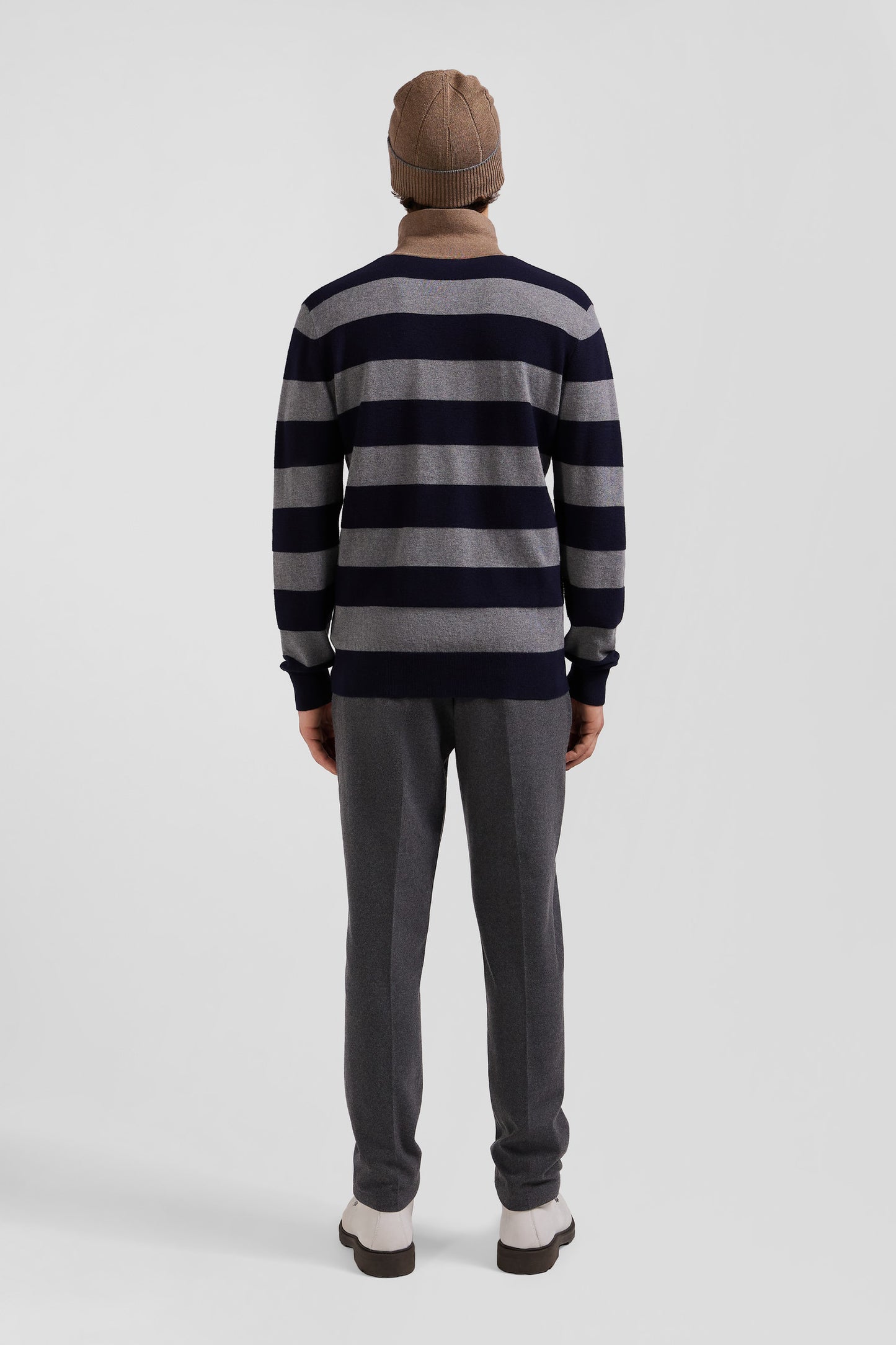 Regular navy blue striped cotton and cashmere jumper with rugby shirt collar