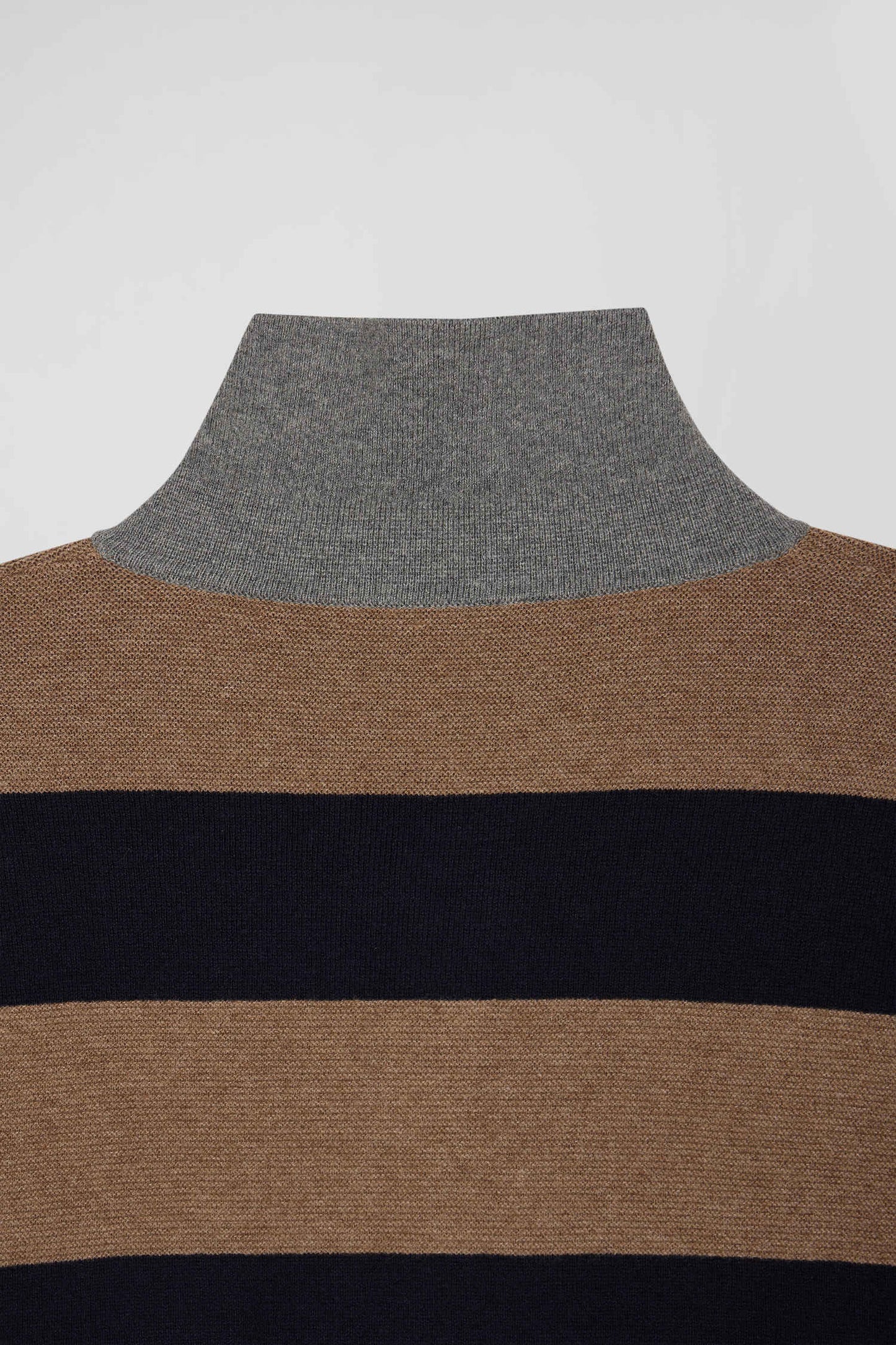 Regular brown striped cotton and cashmere jumper with rugby shirt collar