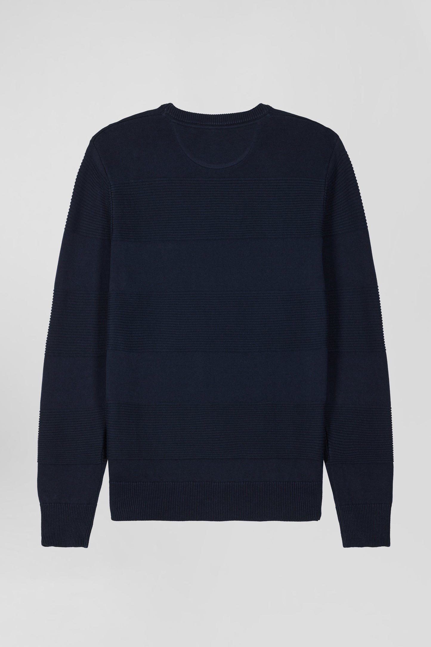 Regular navy blue cotton crew neck jumper with knit patterns