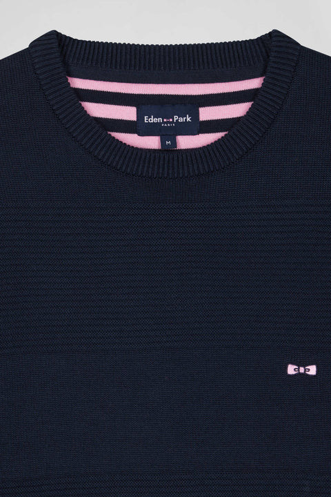 Regular navy blue cotton crew neck jumper with knit patterns - Image 3