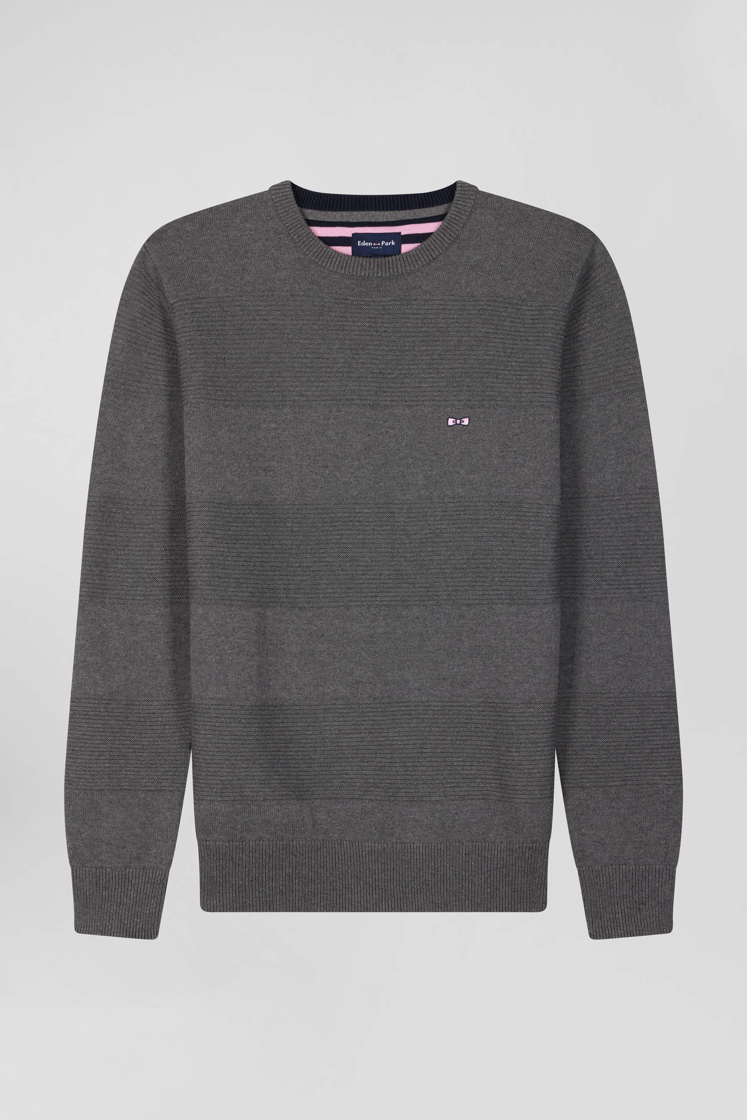 Regular grey cotton crew neck jumper with knit patterns