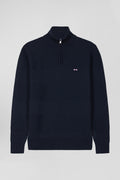 Regular navy blue semi-zipped cotton jumper with knit patterns