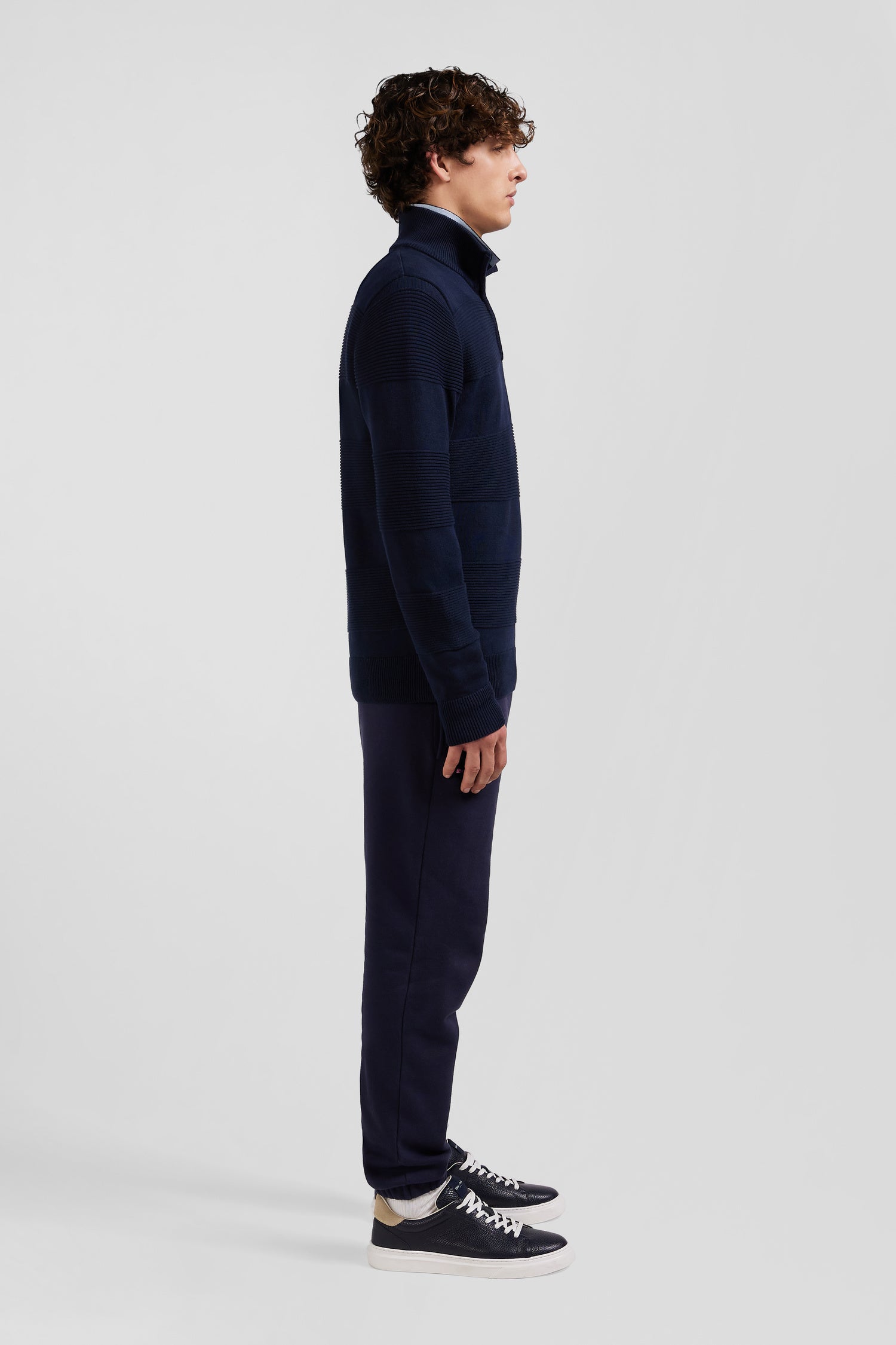 Regular navy blue semi-zipped cotton jumper with knit patterns