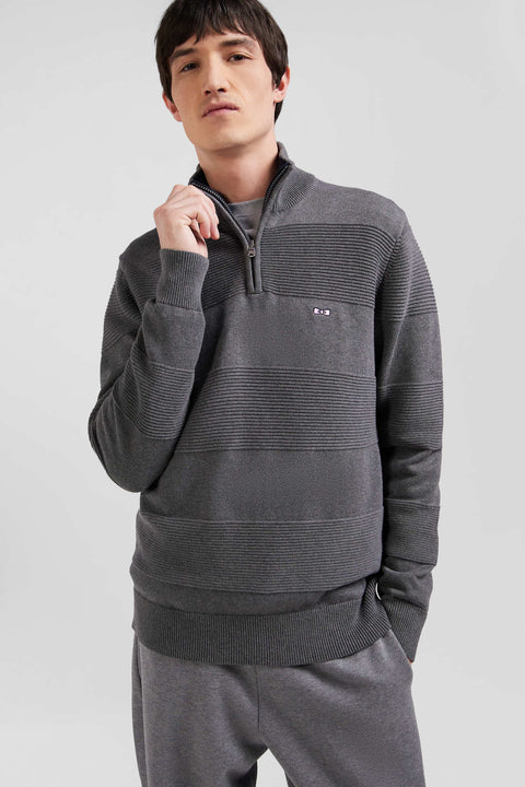 Grey cotton half-zip jumper with knit details Regular fit - Image 3
