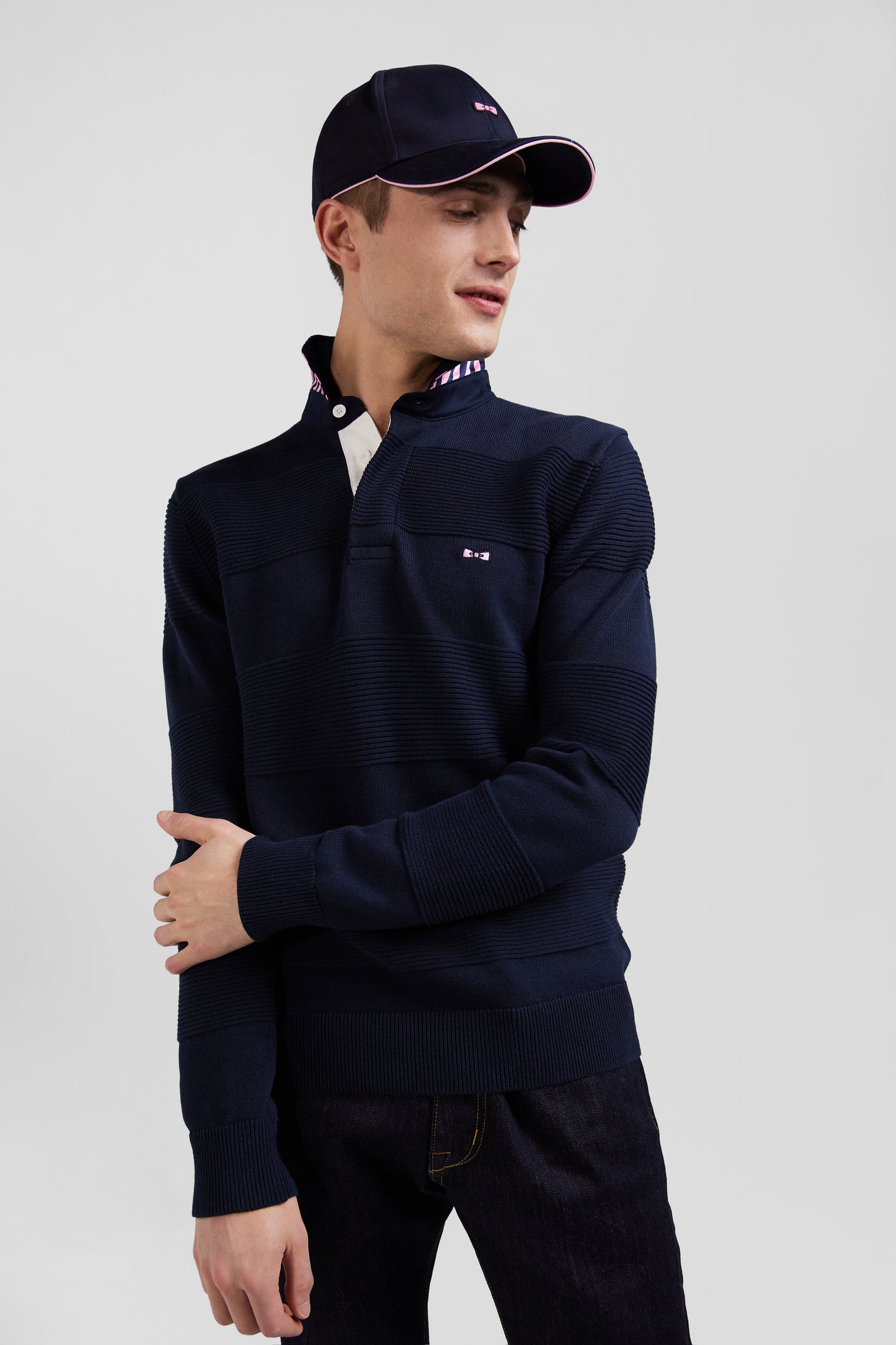 Regular navy blue cotton polo neck jumper