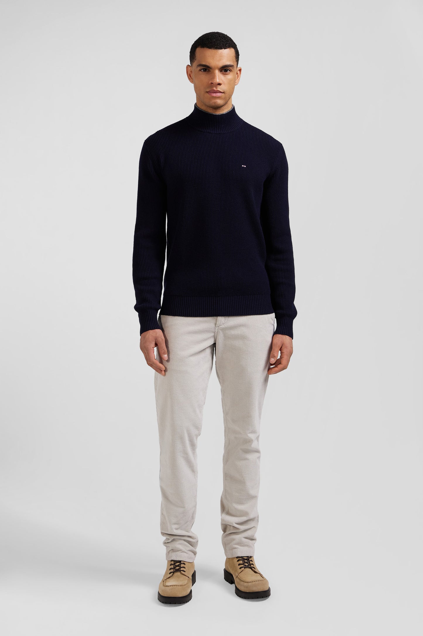 Regular navy blue wool and cotton high-neck jumper