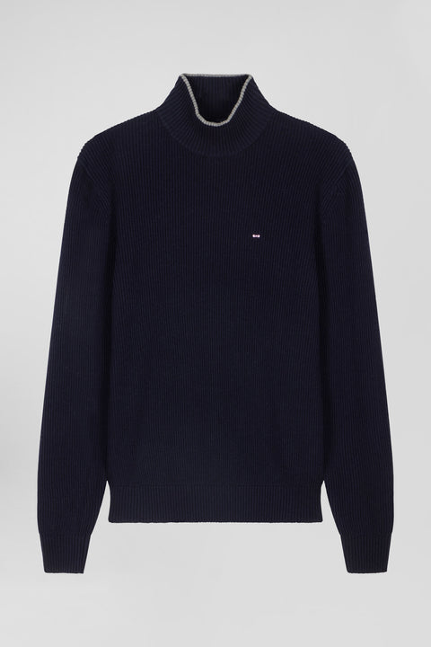 Regular navy blue wool and cotton high-neck jumper - Image 2