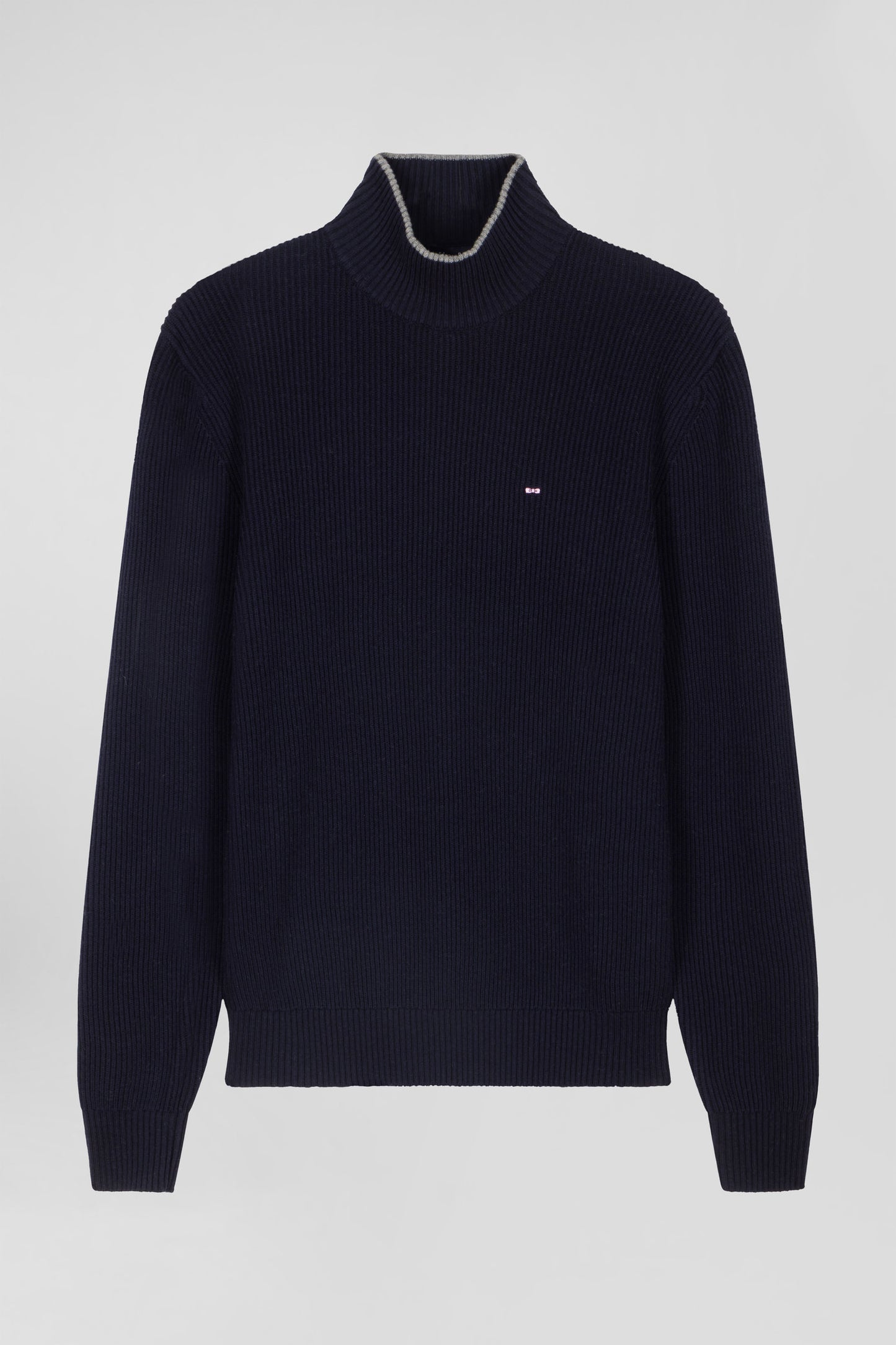 Regular navy blue wool and cotton high-neck jumper