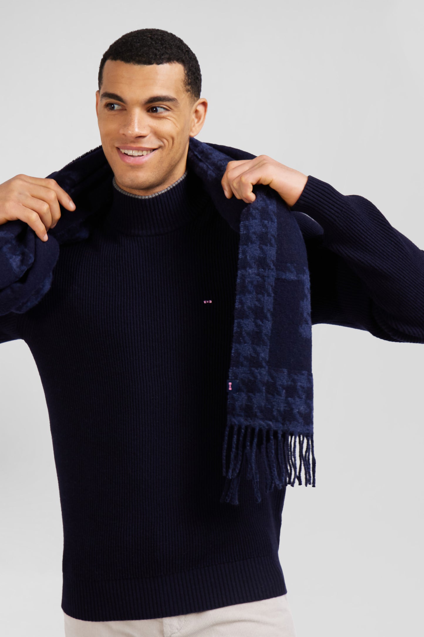 Regular navy blue wool and cotton high-neck jumper