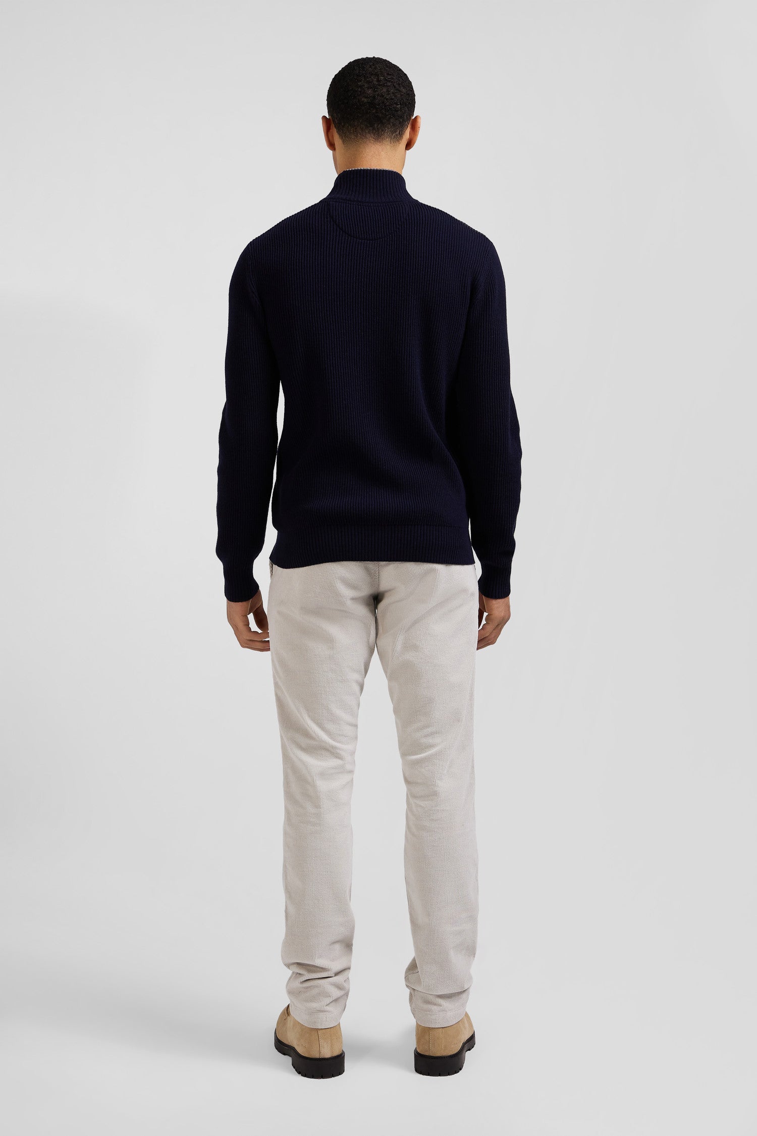 Regular navy blue wool and cotton high-neck jumper