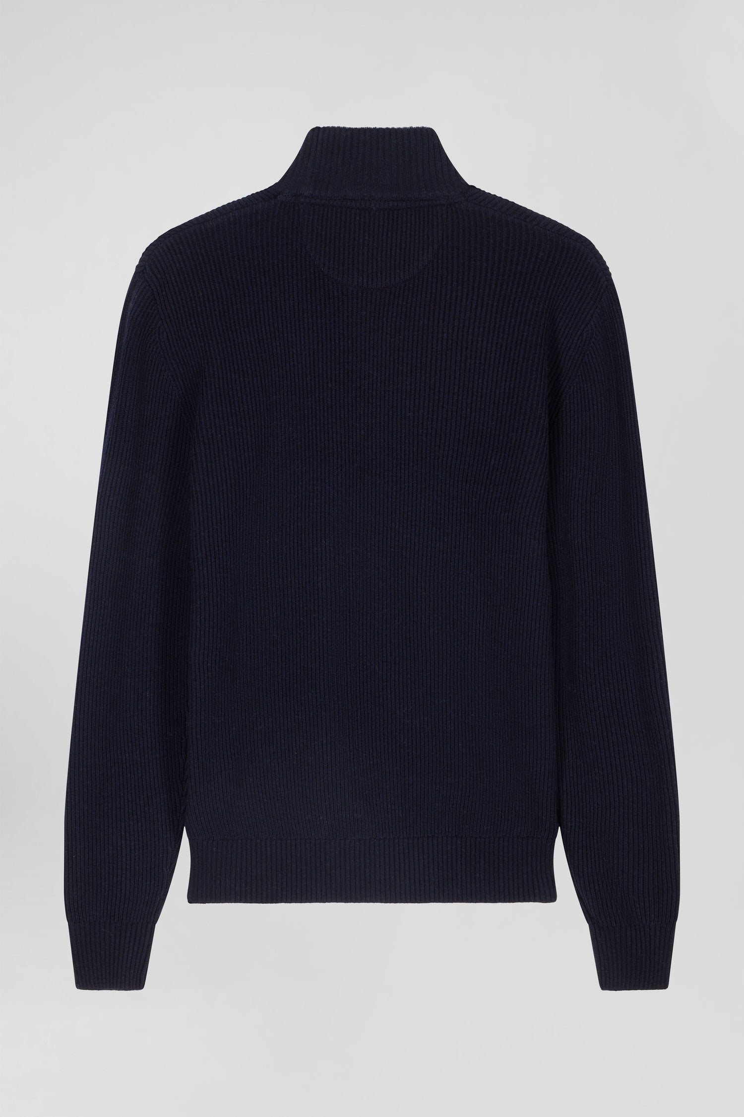 Regular navy blue wool and cotton high-neck jumper