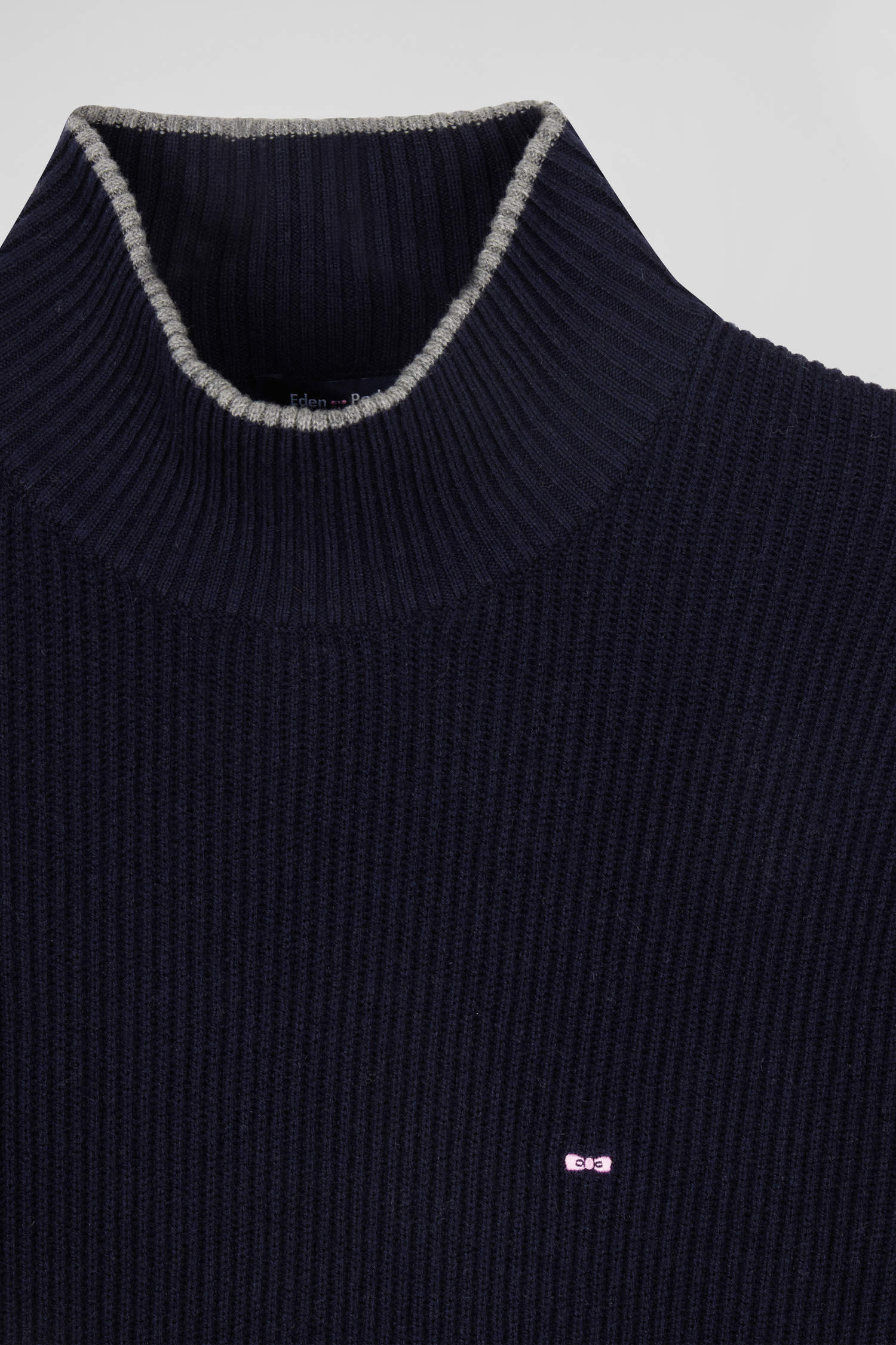 Regular navy blue wool and cotton high-neck jumper