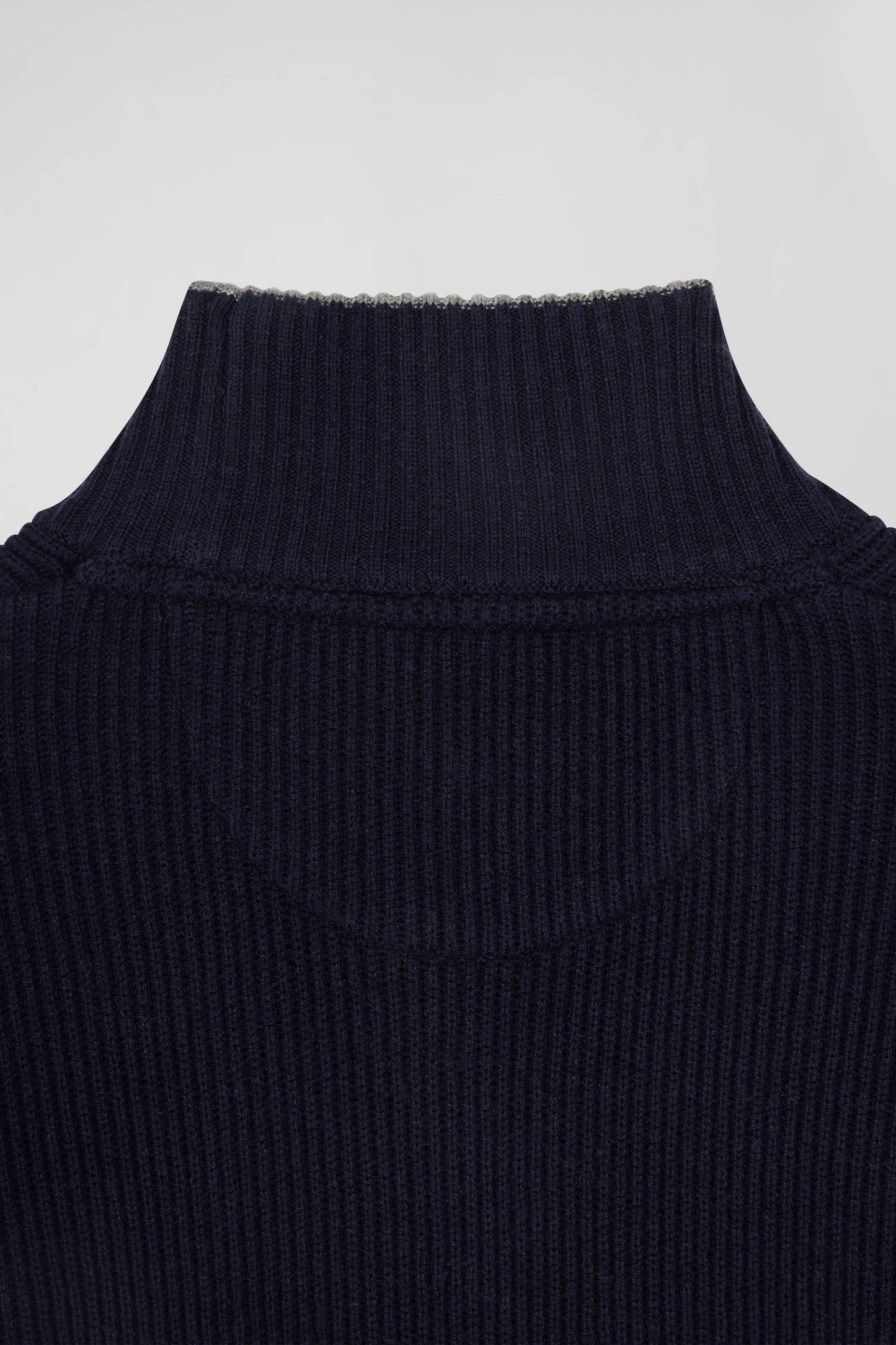 Regular navy blue wool and cotton high-neck jumper