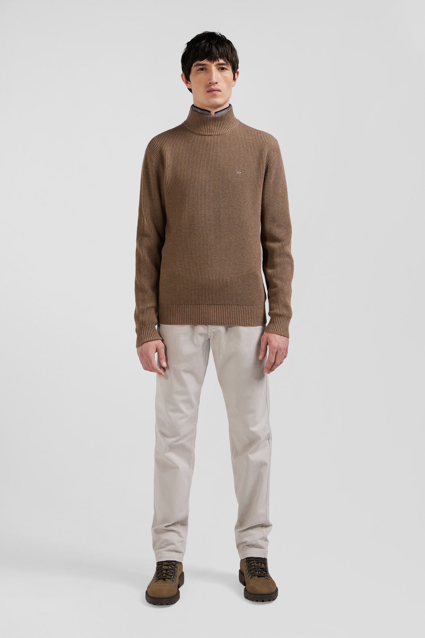 Regular brown wool and cotton high-neck jumper