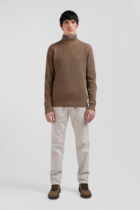 Regular brown wool and cotton high-neck jumper - Image 1