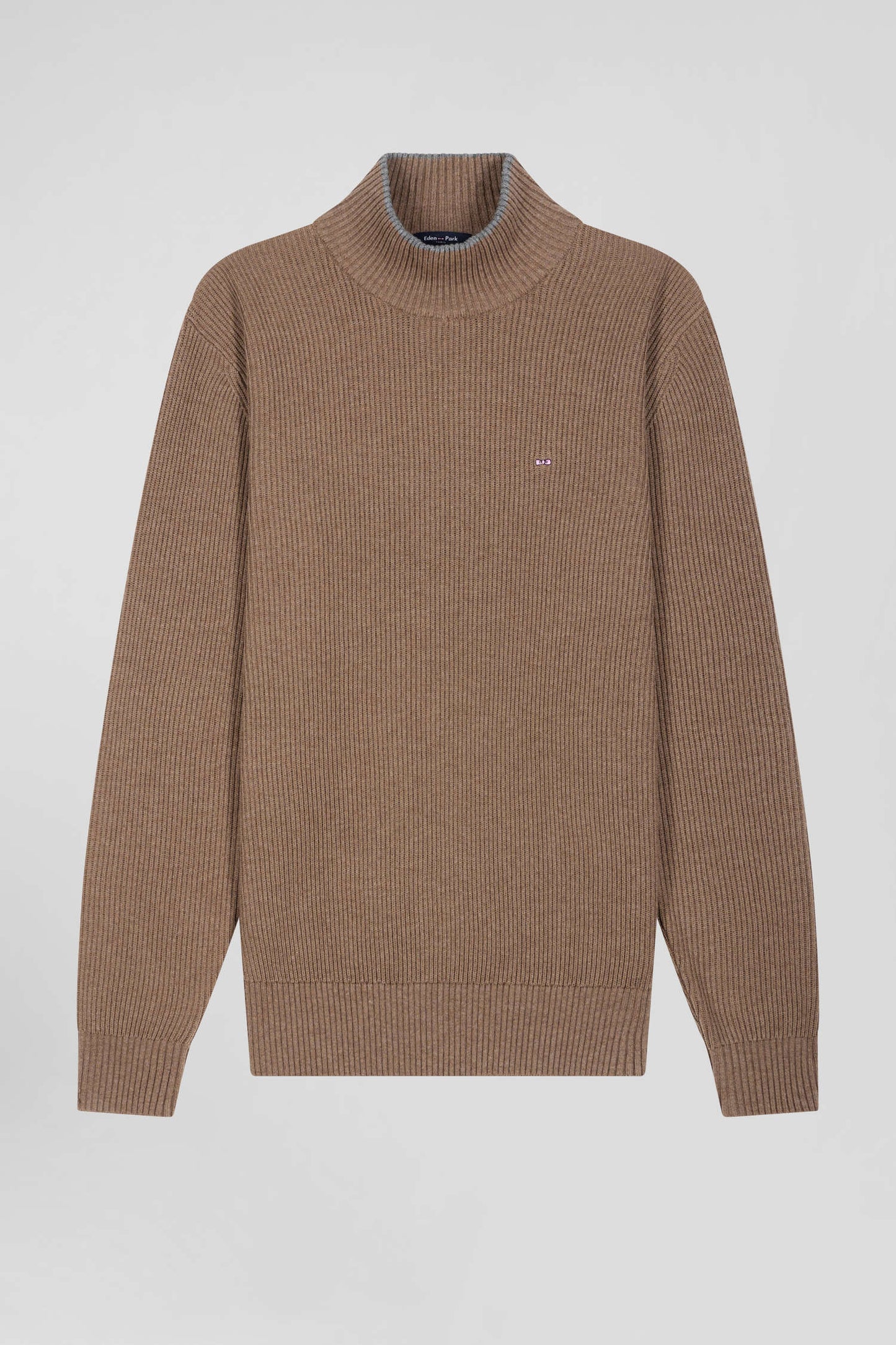 Regular brown wool and cotton high-neck jumper